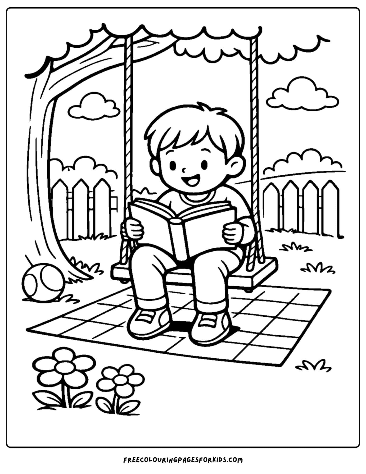 a coloring page of a child reading a book while sitting on a tree swing