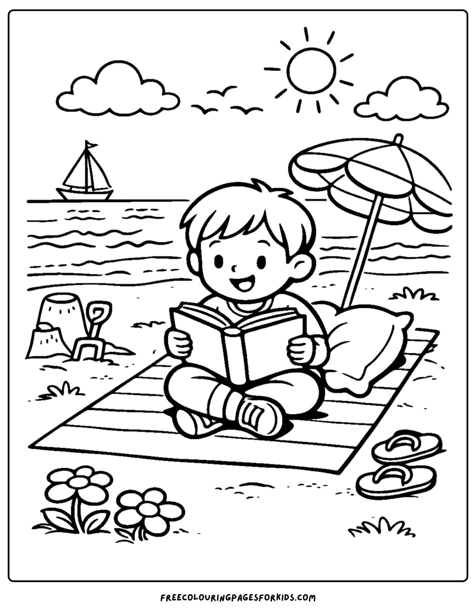 a coloring page of a child reading a book at the beach on a beach towel