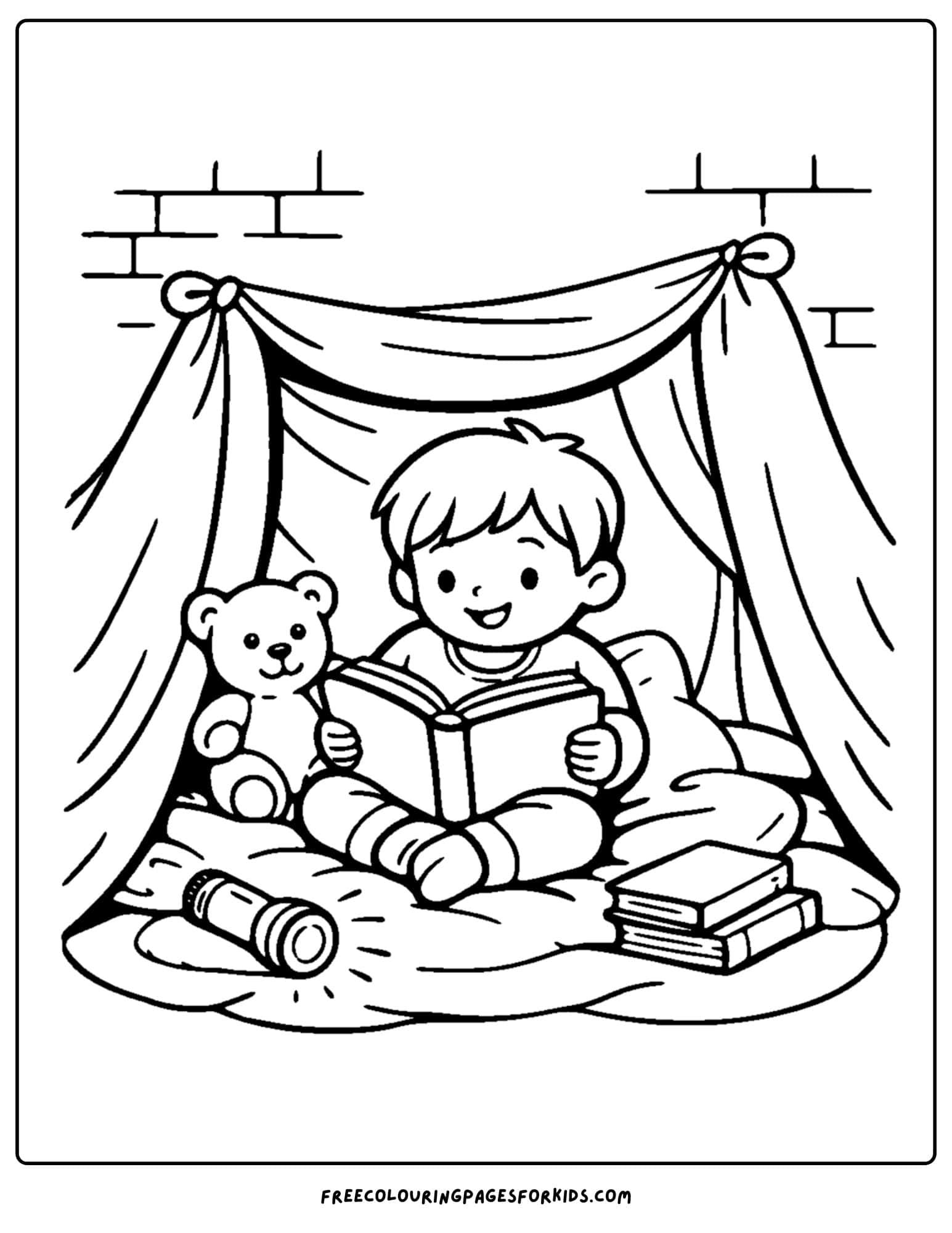 a coloring page of a child reading a book in a blanket fort