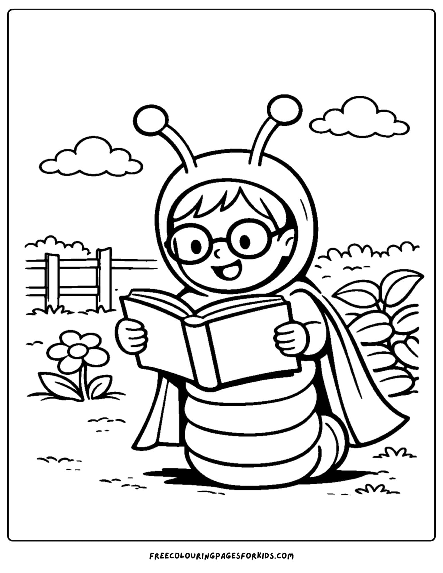 a coloring page of a child reading a book wile dressed up as a book worm