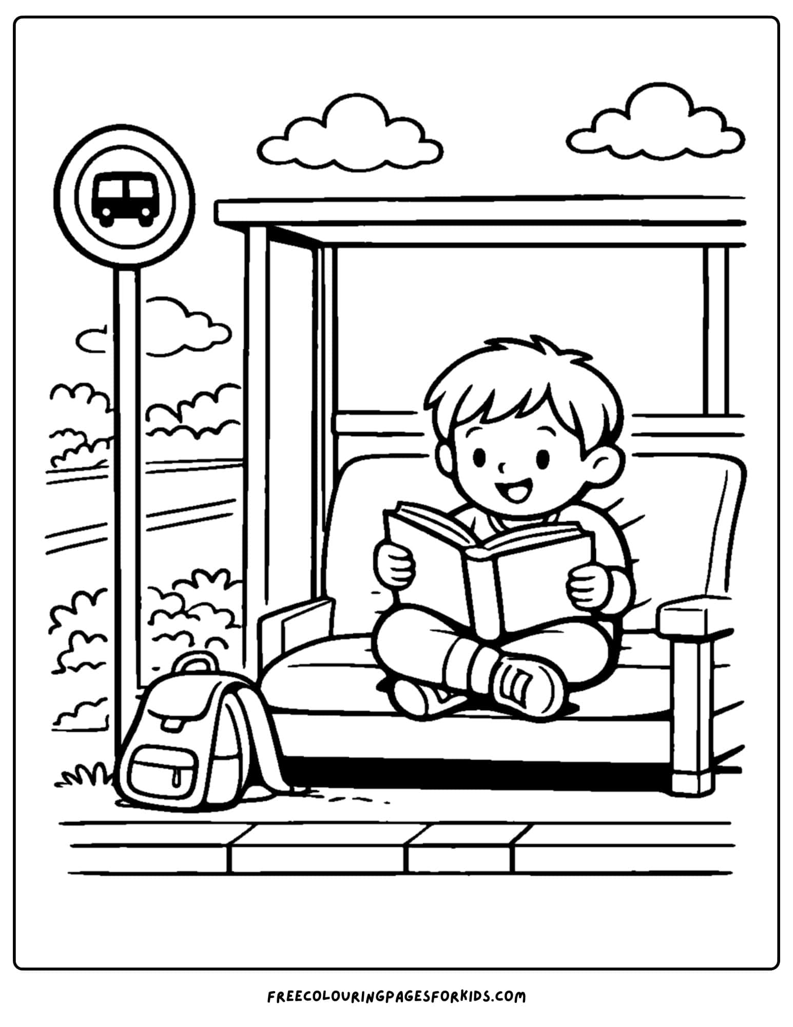 a coloring page of a child reading a book at a bus stop