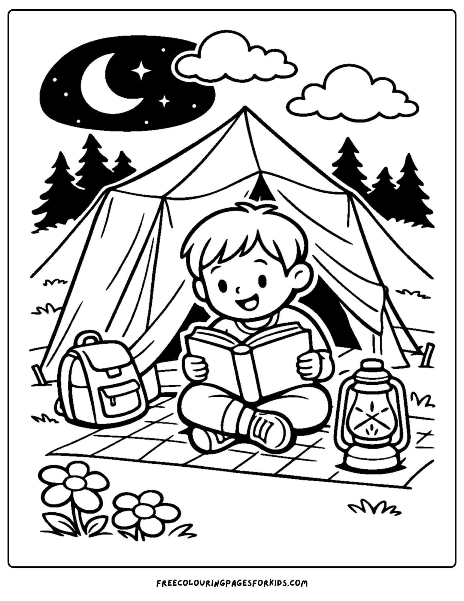 a coloring page of a child reading a book while away camping in a tent
