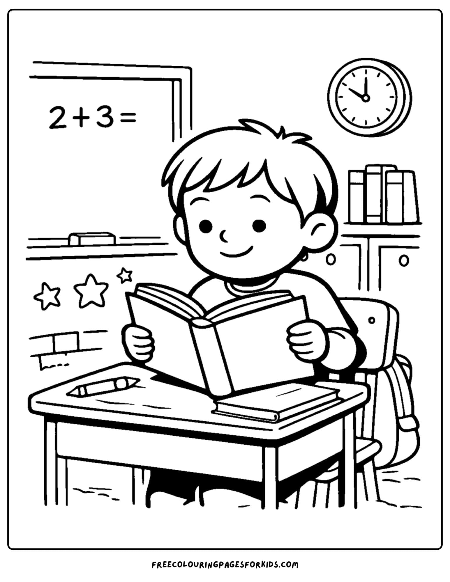 a coloring page of a child reading a book at a classroom desk