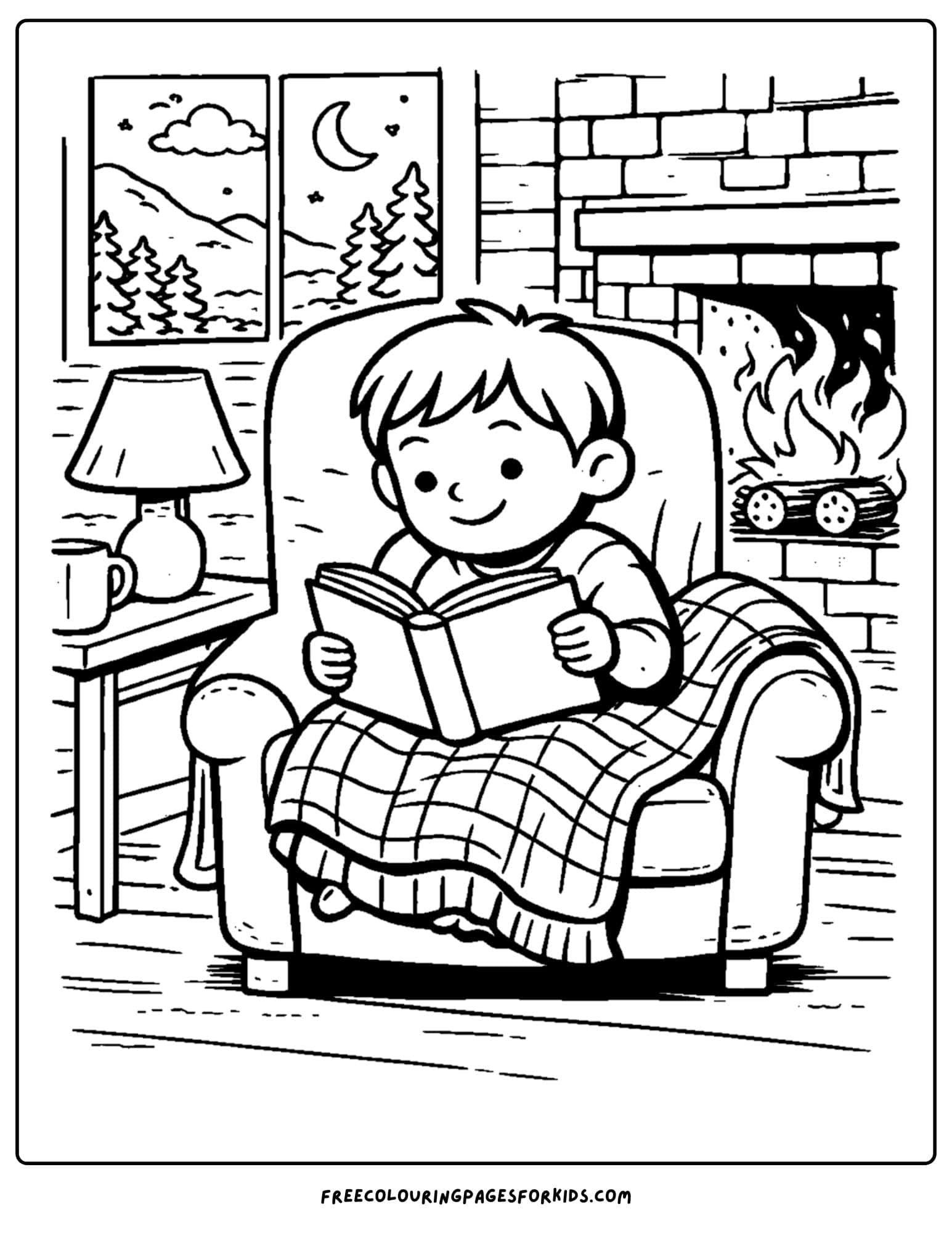 a coloring page of a child reading a book while sitting in an armchair away in a cabin