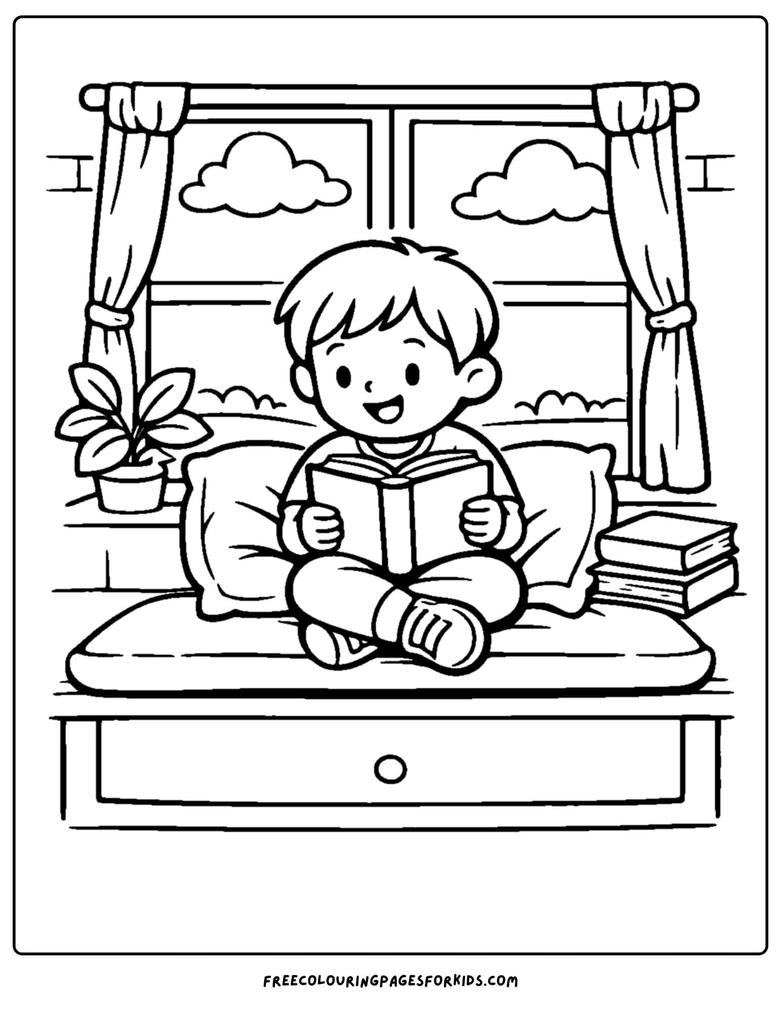 a coloring page of a child reading a book in a cozy window seat