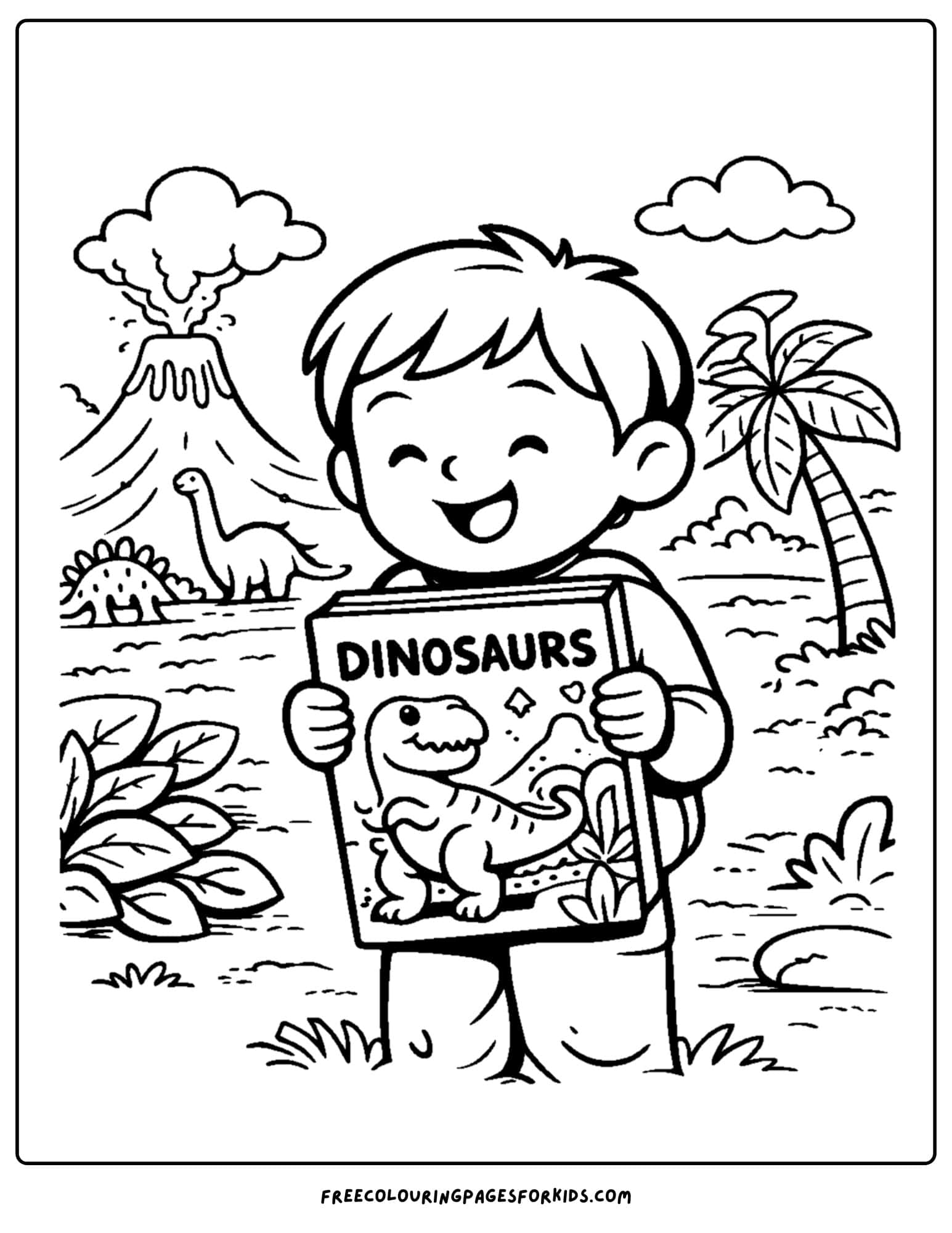 a coloring page of a child reading a book about dinosaurs while the background dinosaurs roam behind