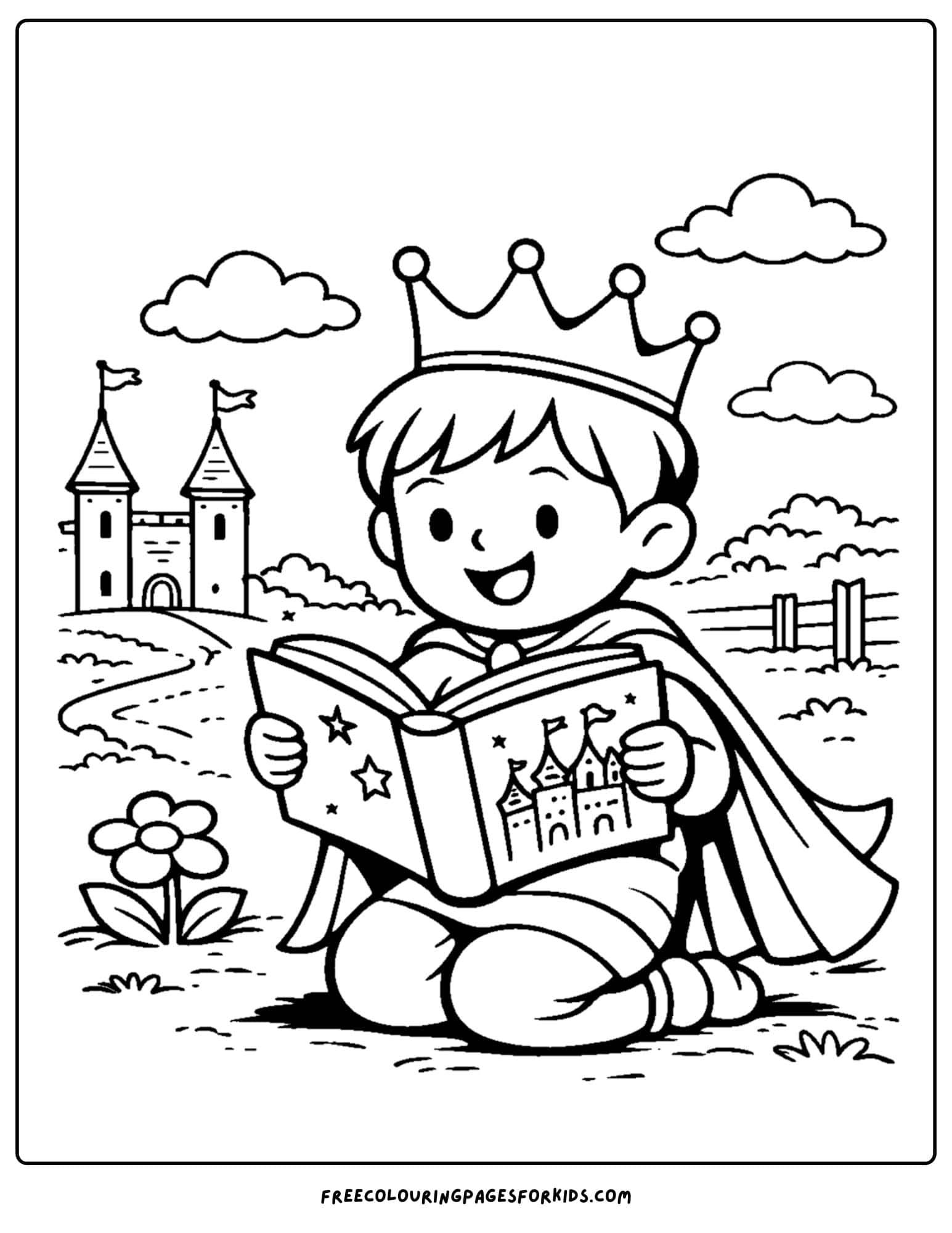 a coloring page of a child reading a book while dressed up with a crown and cape and a castle is in the background