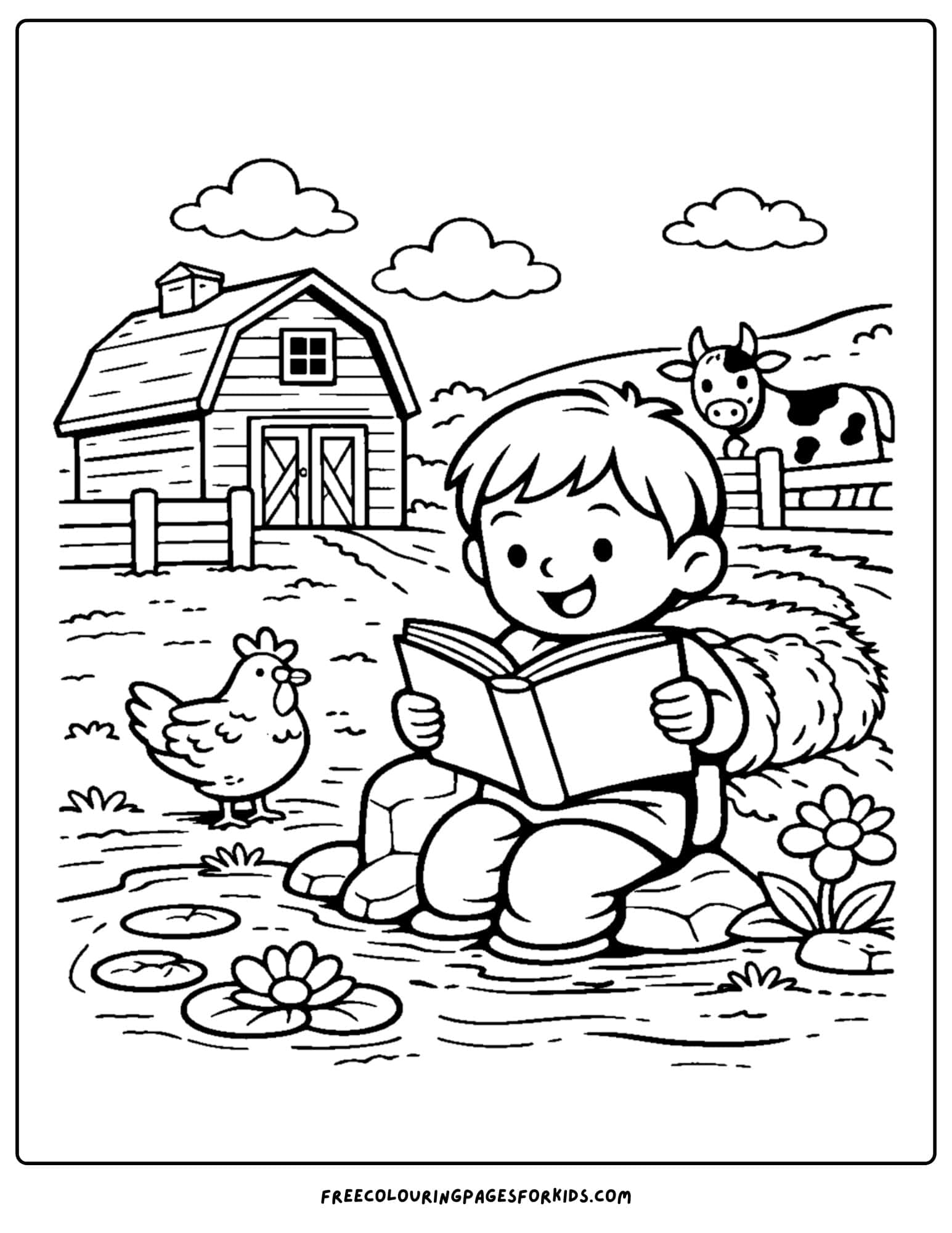 a coloring page of a child reading a book at a farm while sitting down by the water