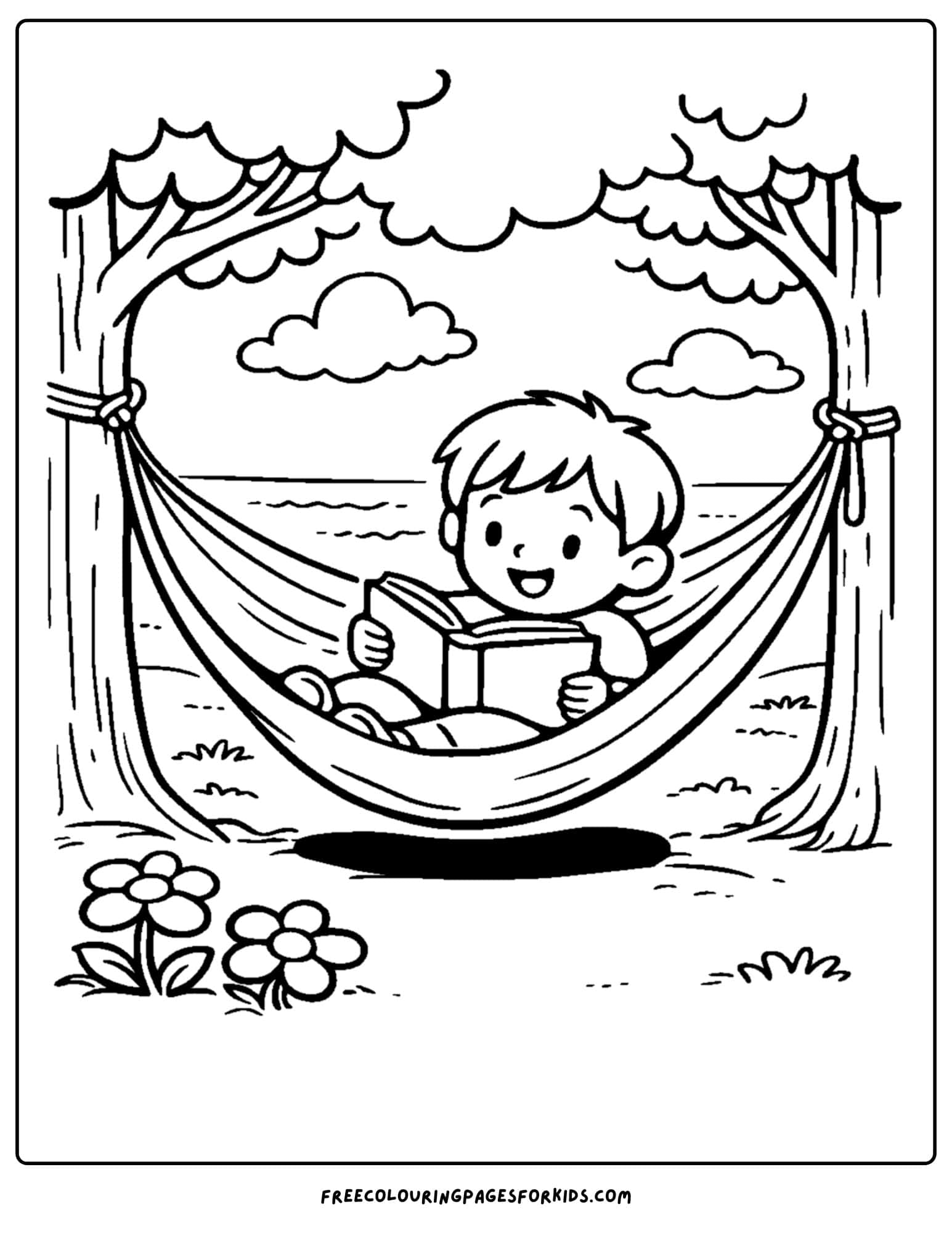 a coloring page of a child reading a book in a hammock