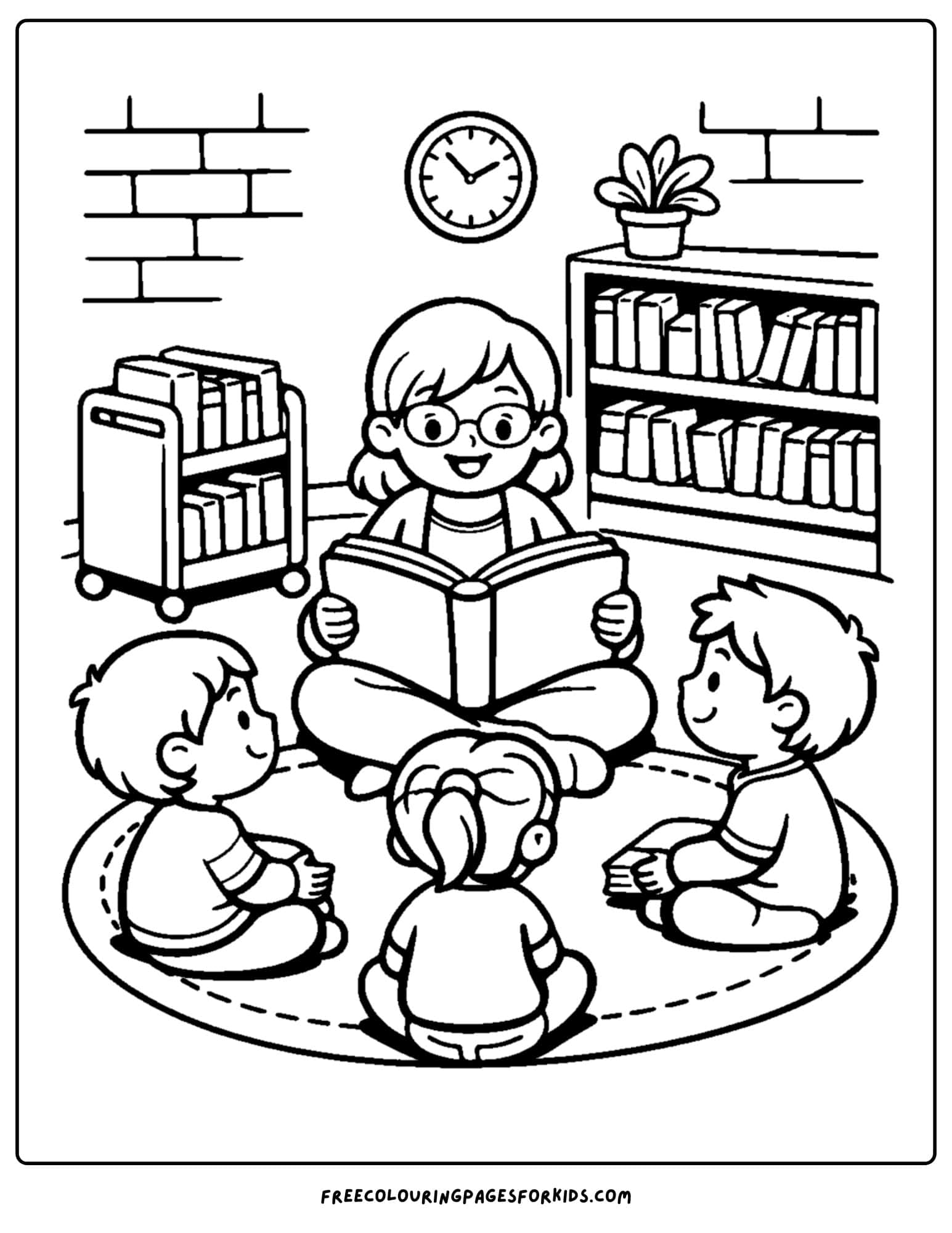 a coloring page of a story time circle in the library as a teacher reads a book