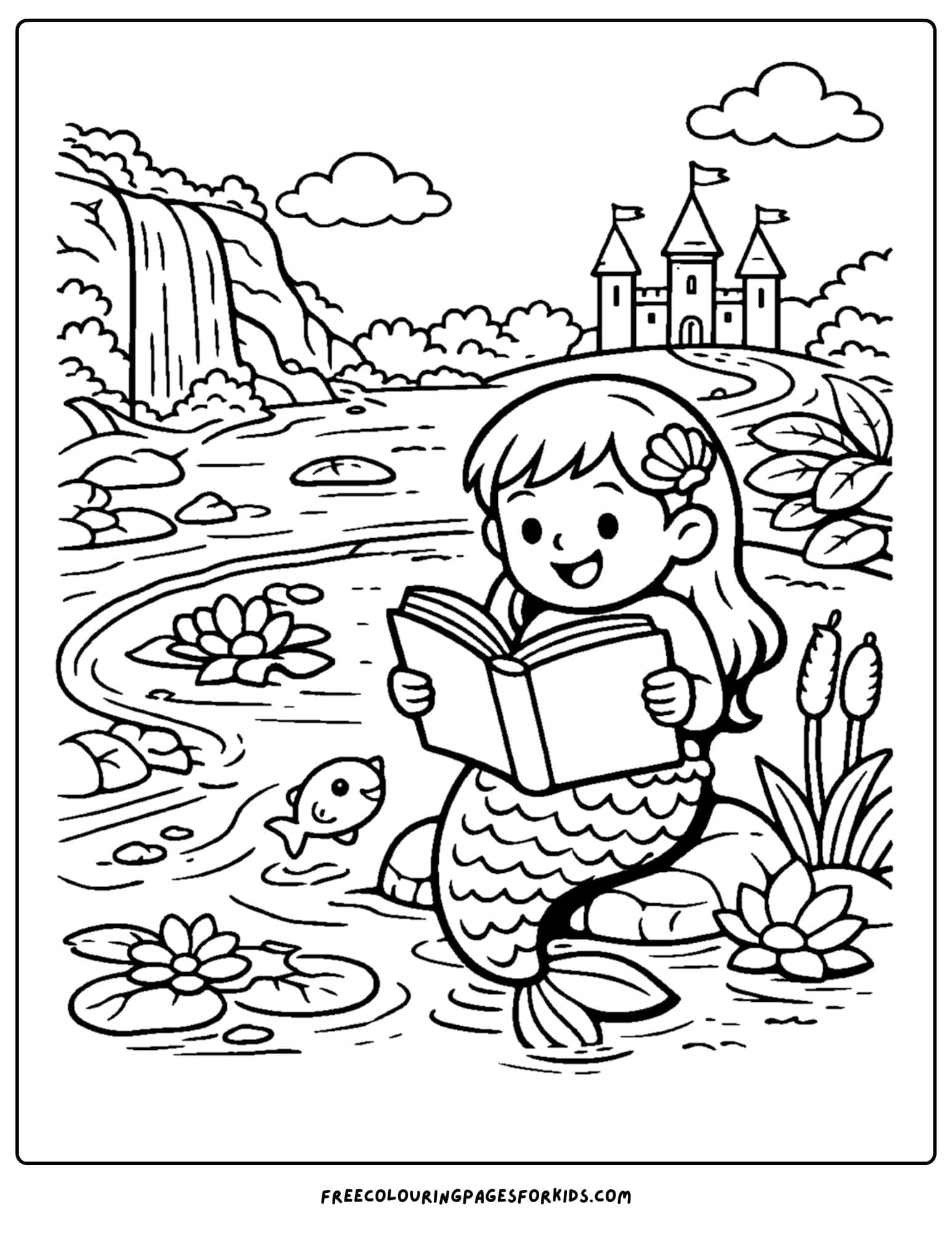 a coloring page of a mermaid reading a book by the water