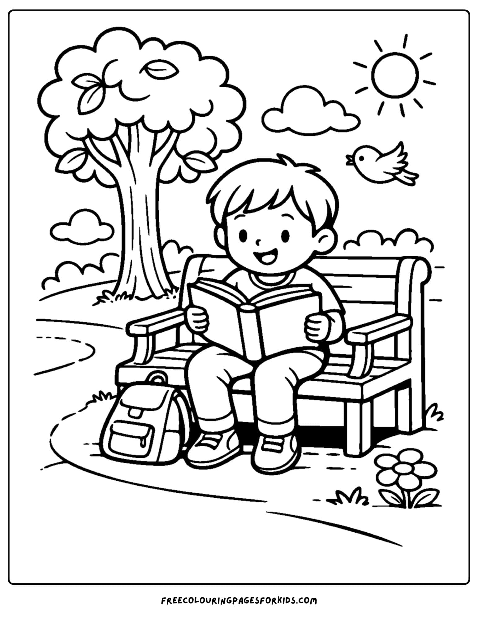 a coloring page of a child reading a book while sitting on a park bench under a tree