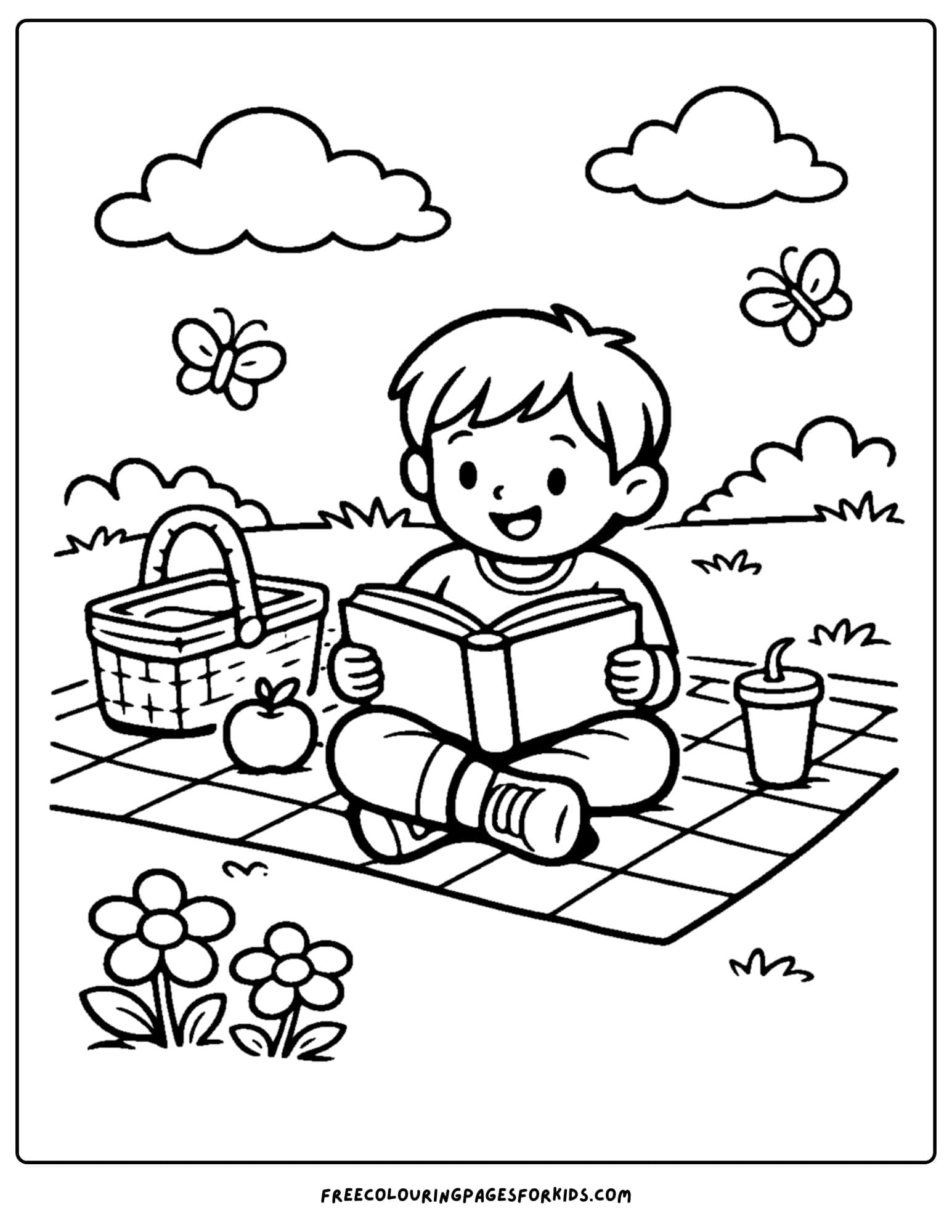 a coloring page of a child reading a book while having a picnic