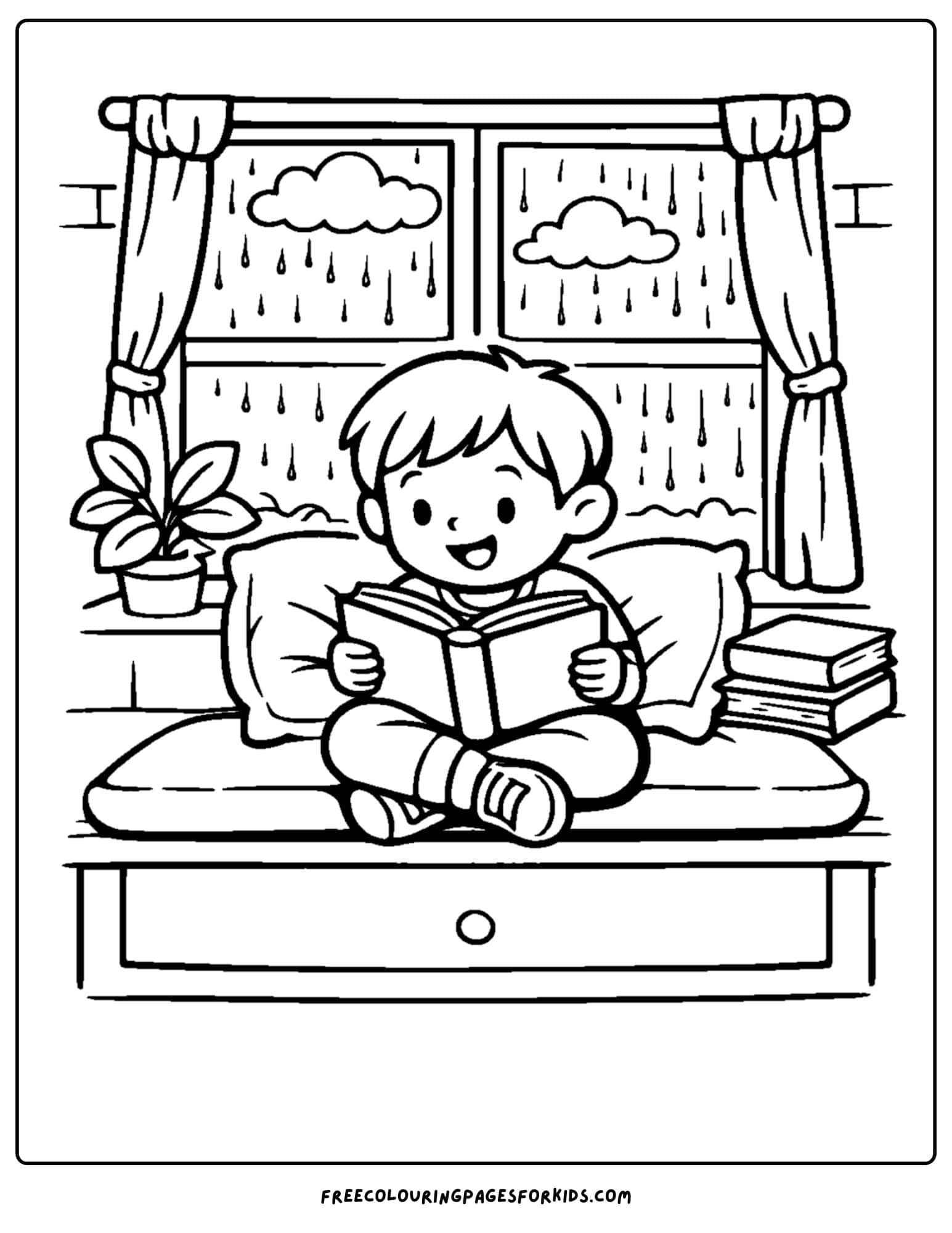 a coloring page of a child reading a book in a window nook while its raining outside