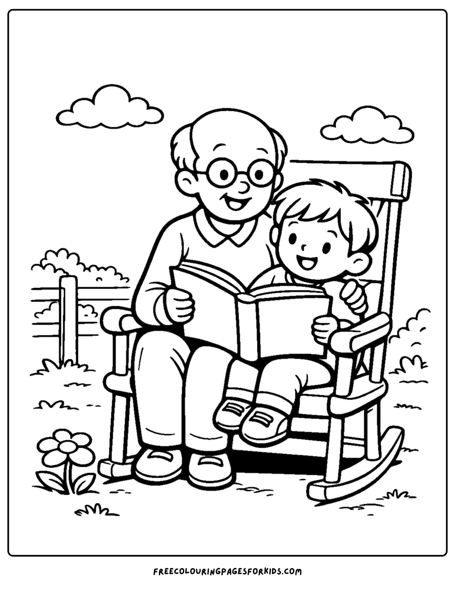 a coloring page of a child reading a book in a rocking chair with a grandparent