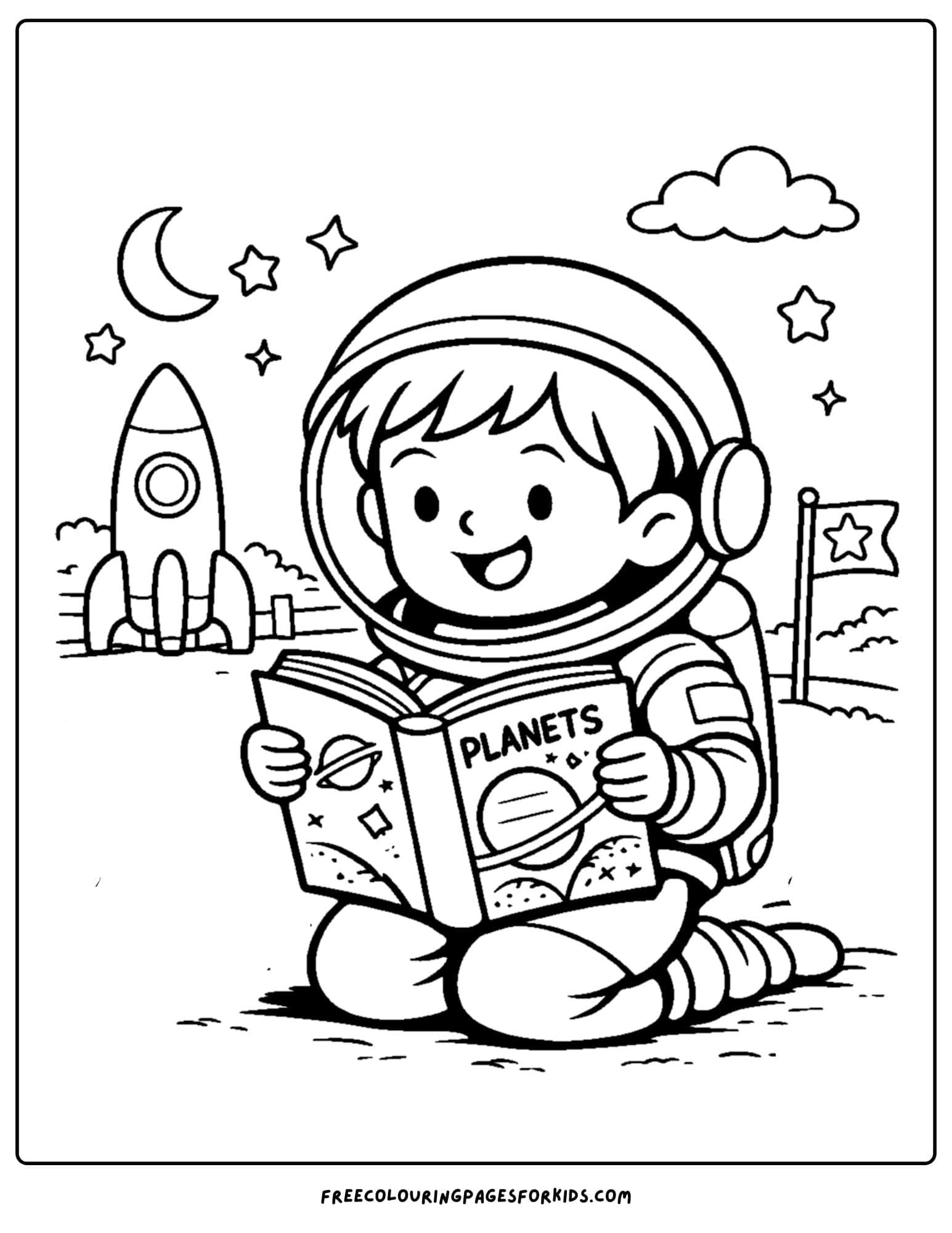 a coloring page of a child reading a book while dressed up as a space man