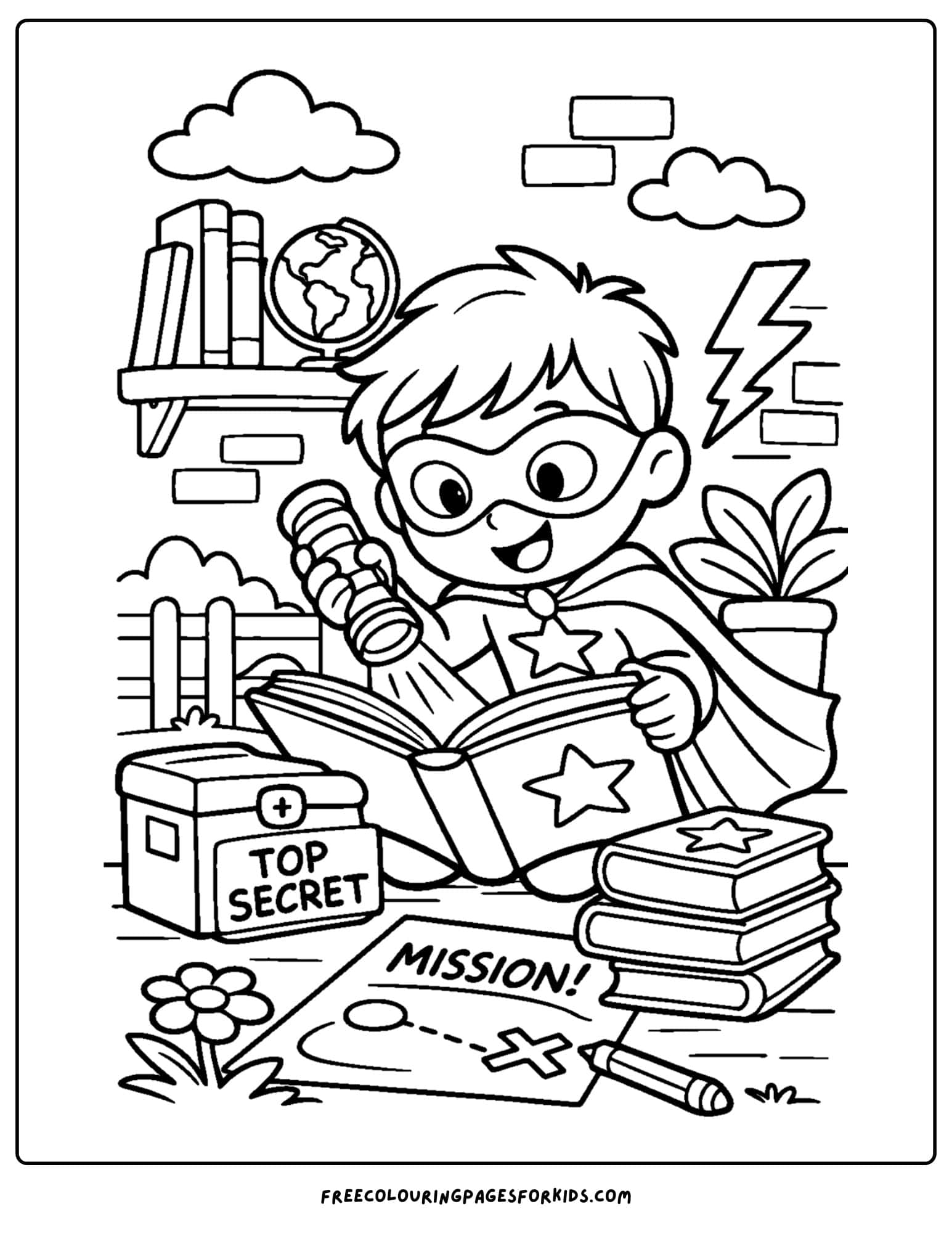 a coloring page of a child reading a superhero booked while dressed up as a superhero