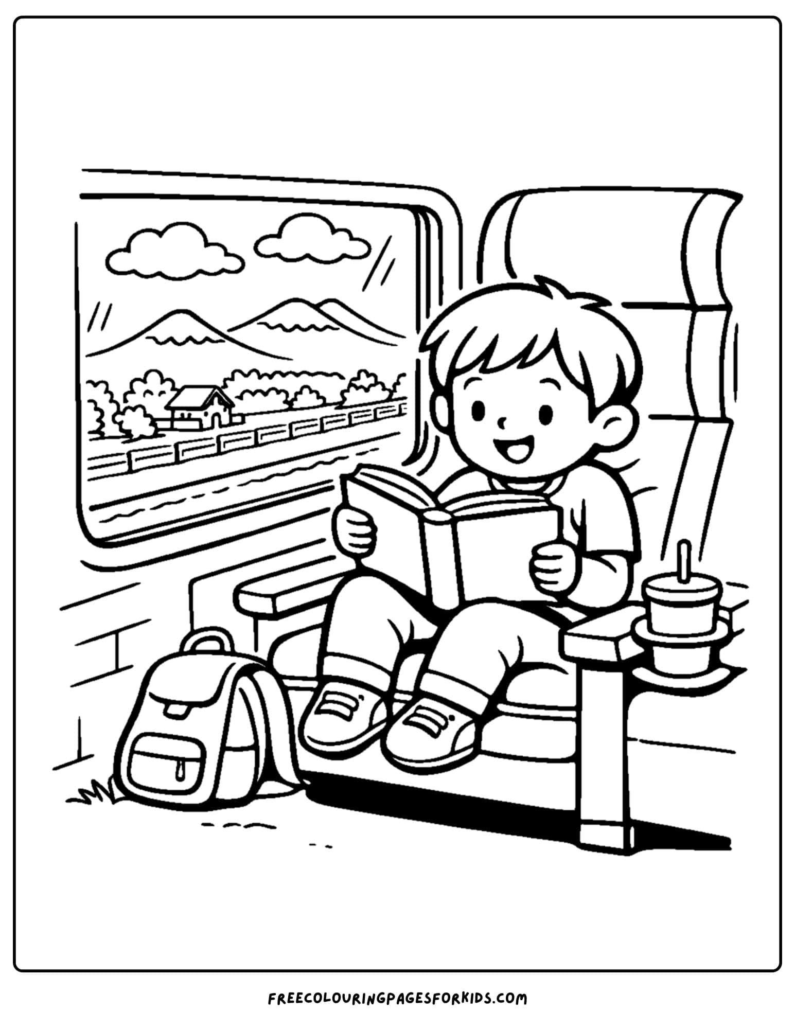 a coloring page of a child reading a book while sitting on the train