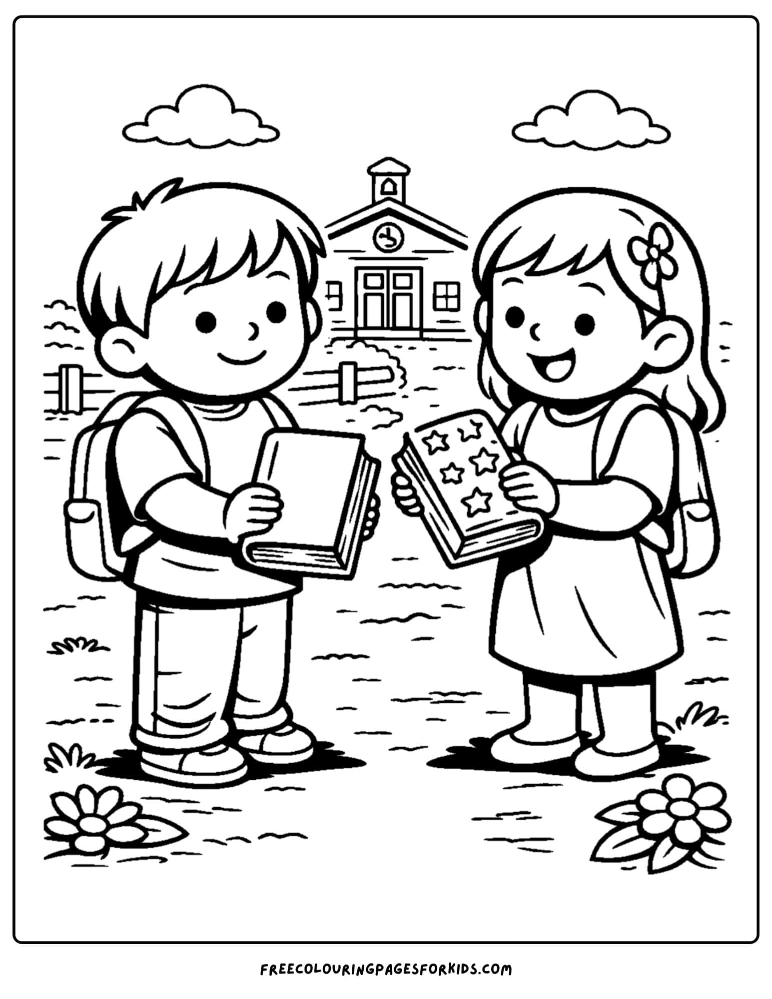 a coloring page of two kids with books to swap each other to read at school