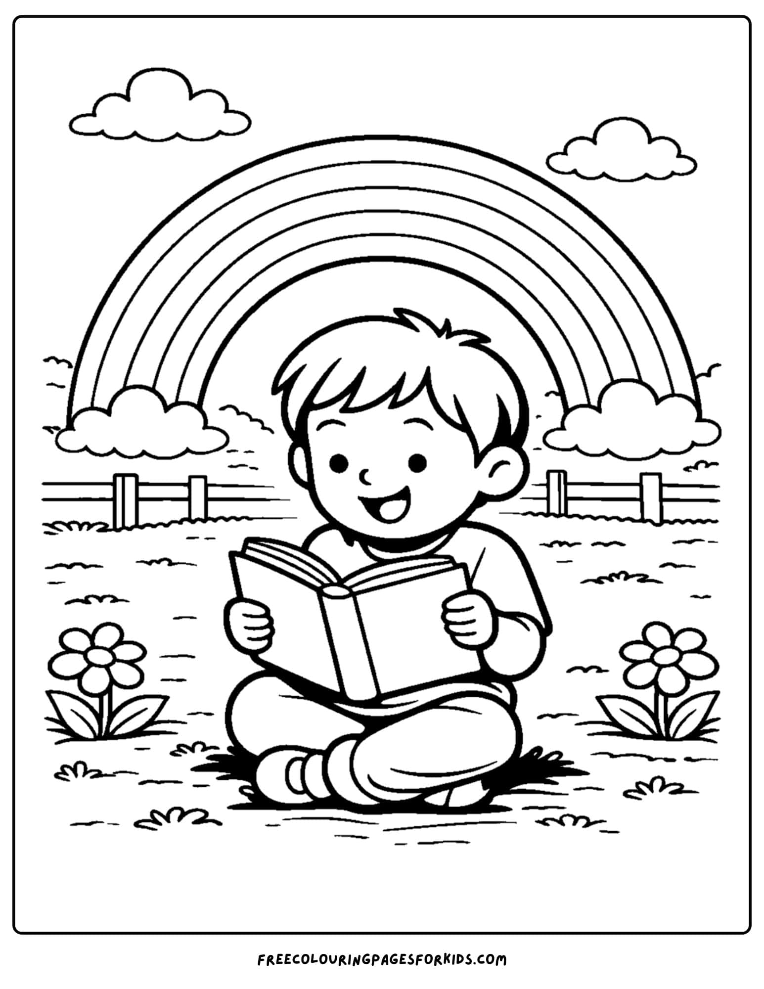a coloring page of a child reading a book while sitting under a rainbow