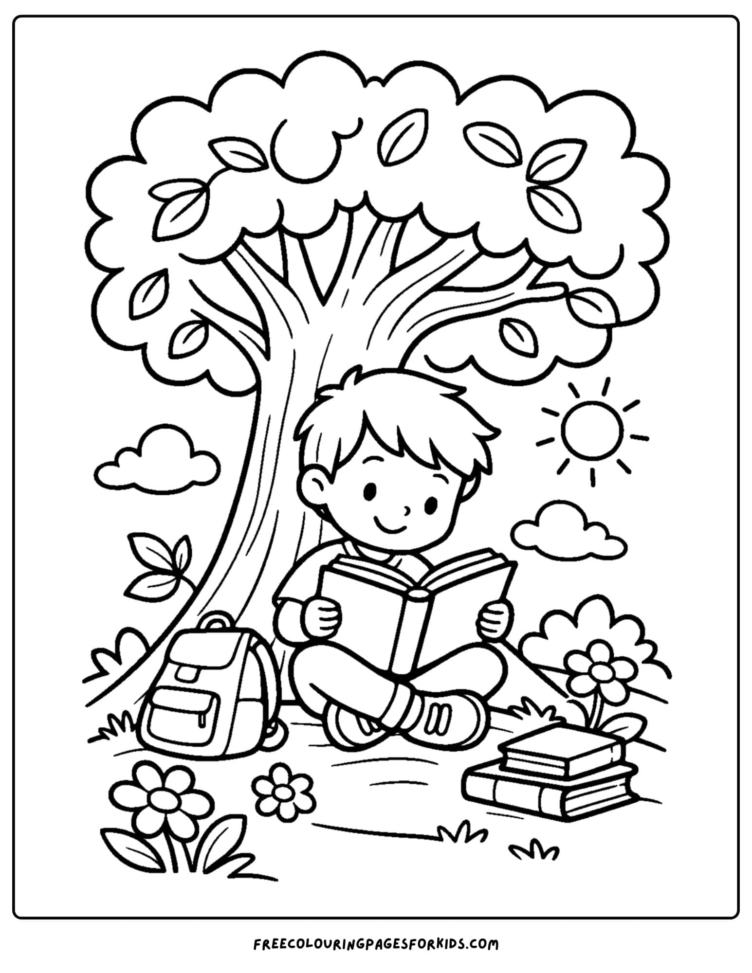 a coloring page of a child reading a book under the shade of a tree