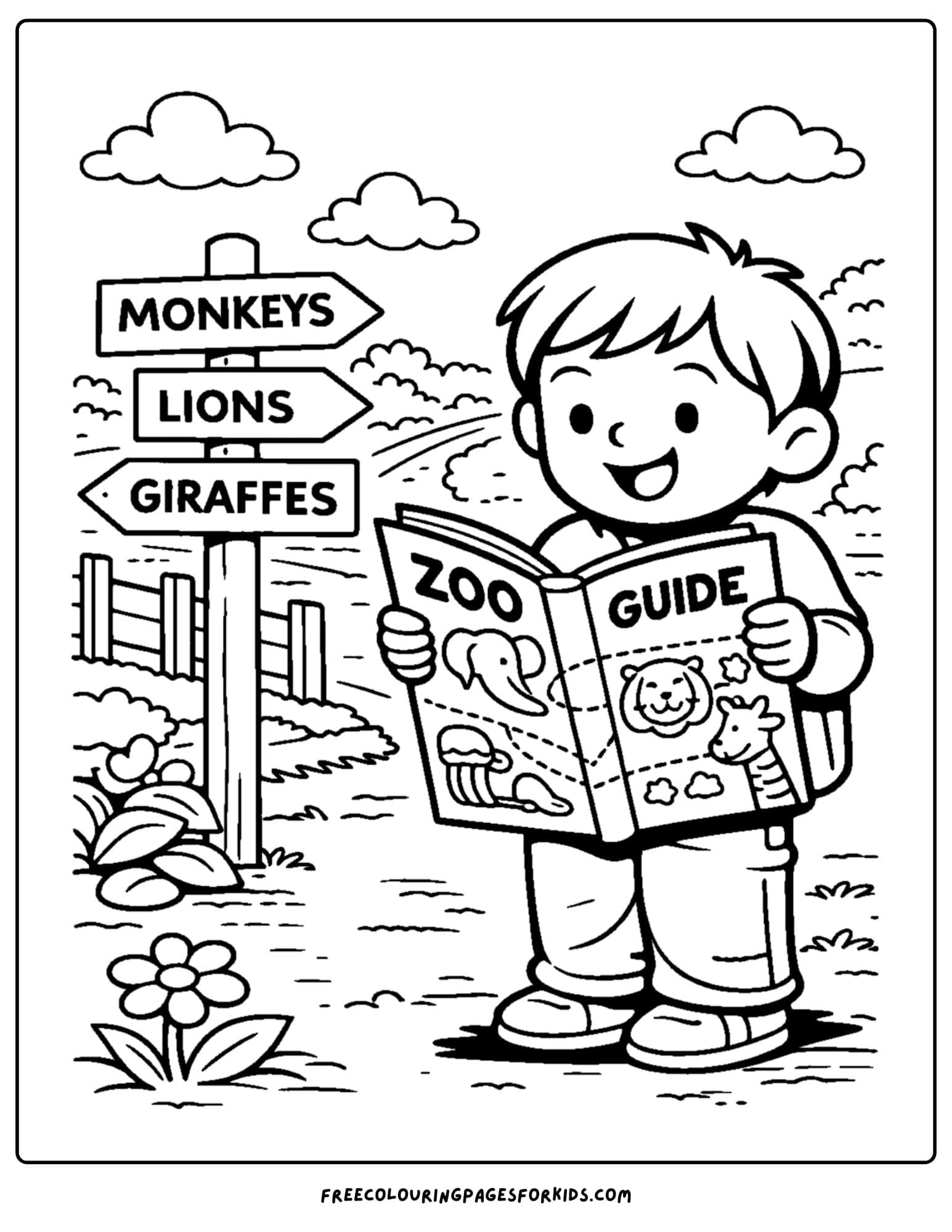a coloring page of a child reading a zoo guide map