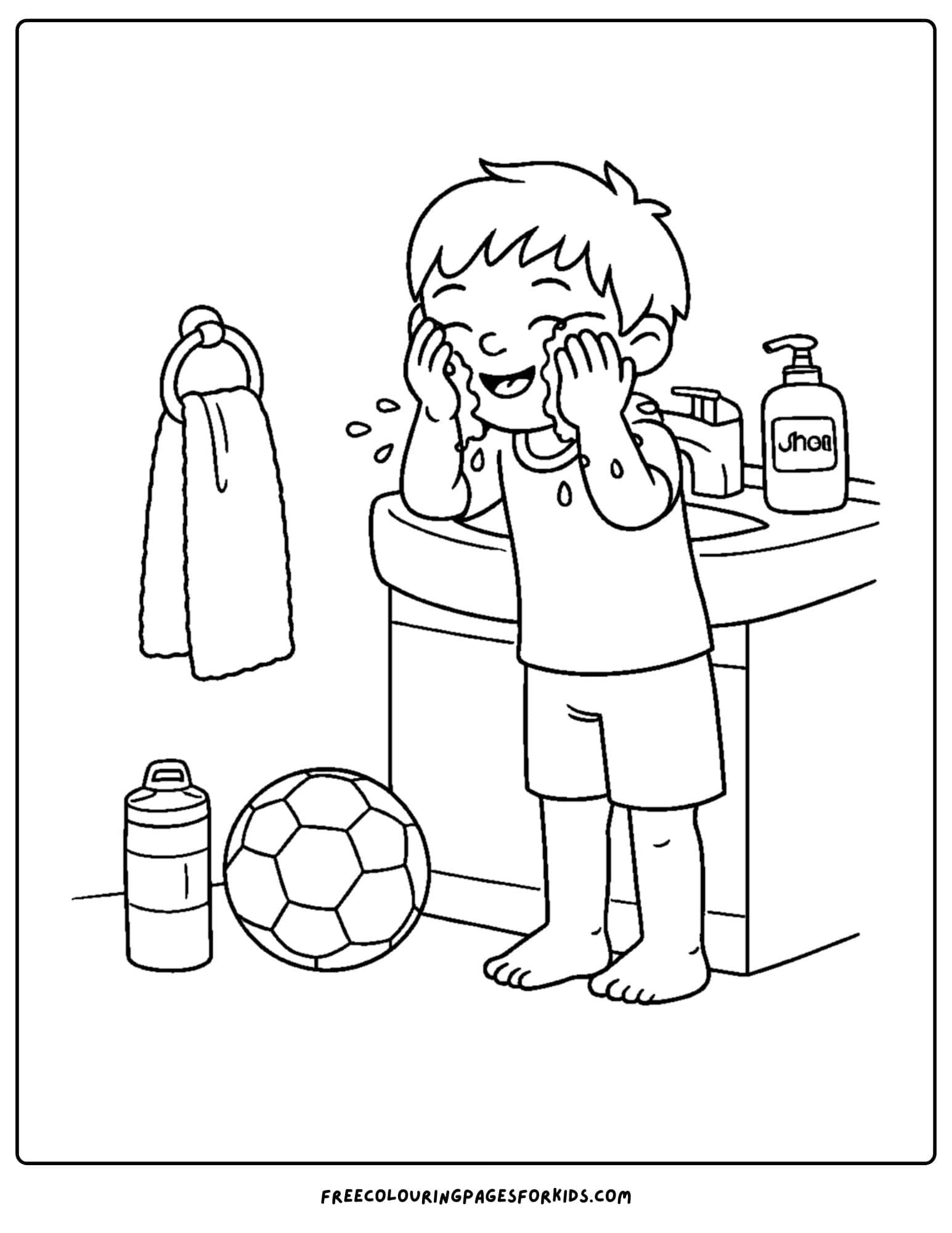 a coloring page showcasing kids skin care with a child washing their face after playing outside