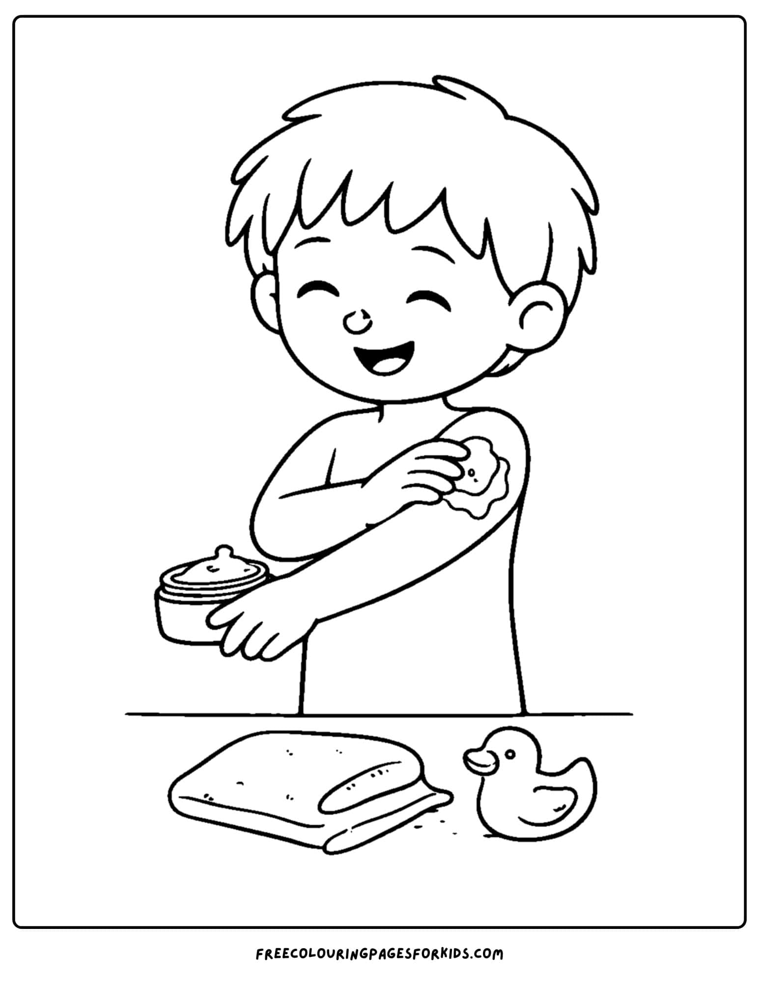 a coloring page showcasing kids skin care with a child putting moisturizer on their arm