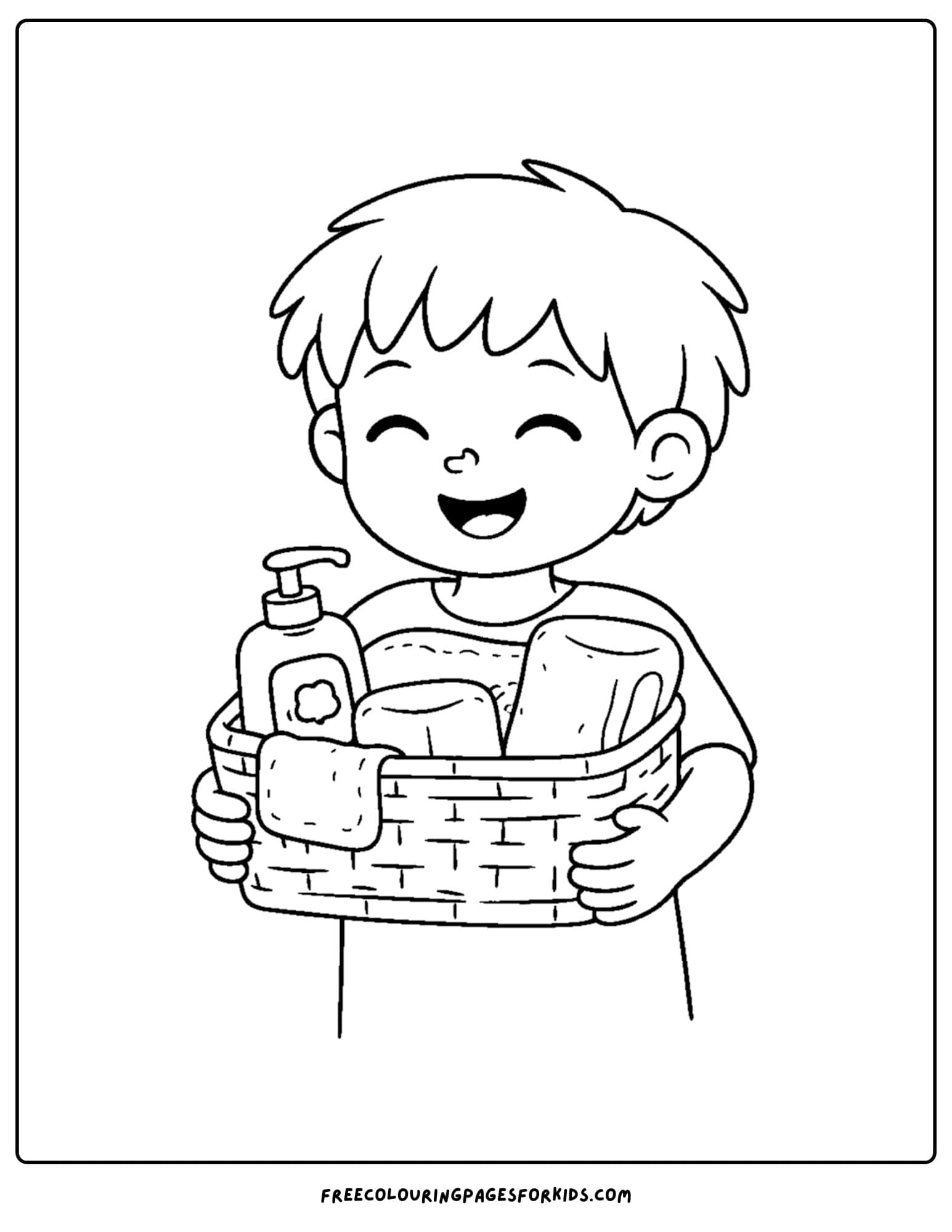 a coloring page showcasing kids skin care with a child carrying a basket of skincare products