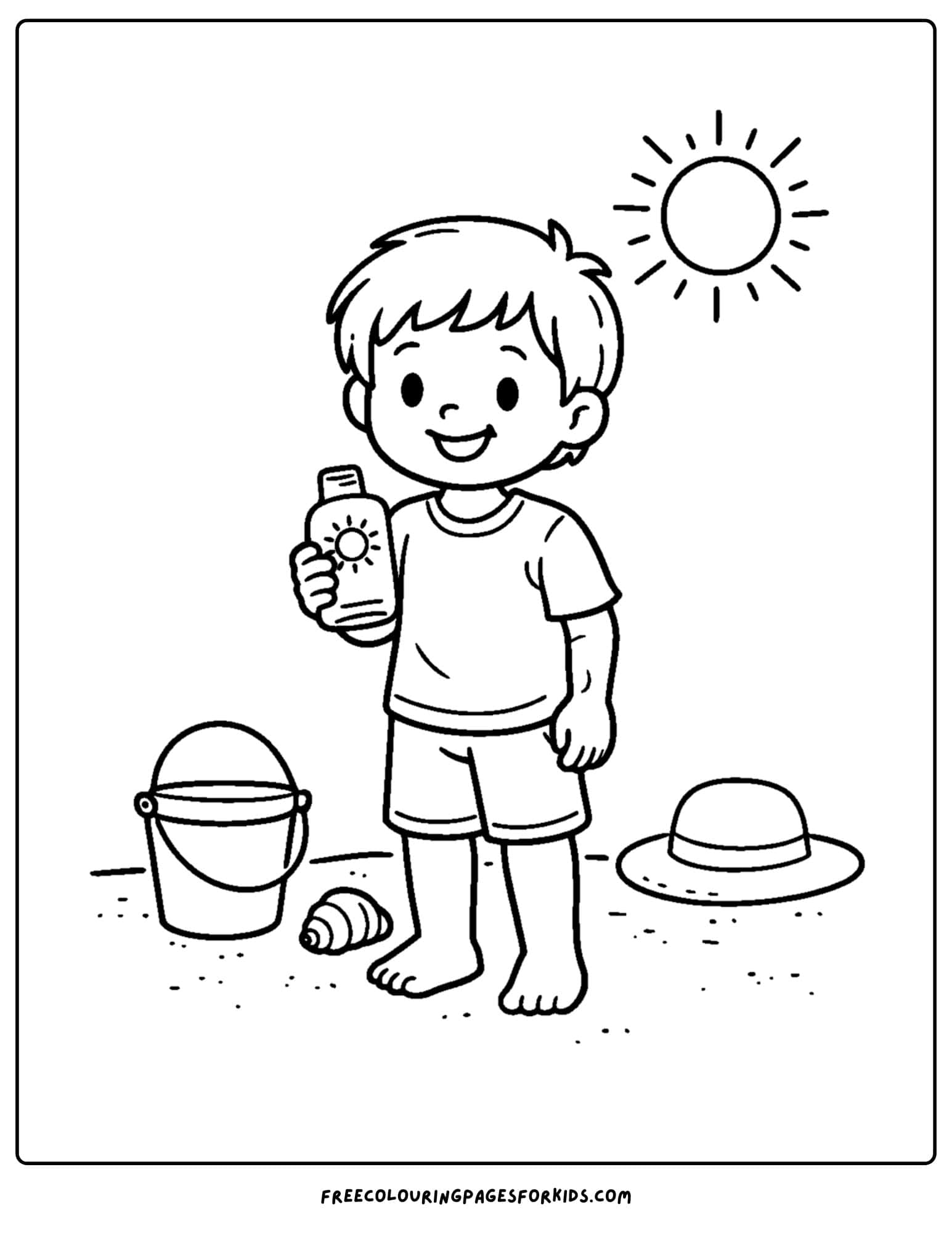 a coloring page showcasing kids skin care with a child holding sunscreen on the beach