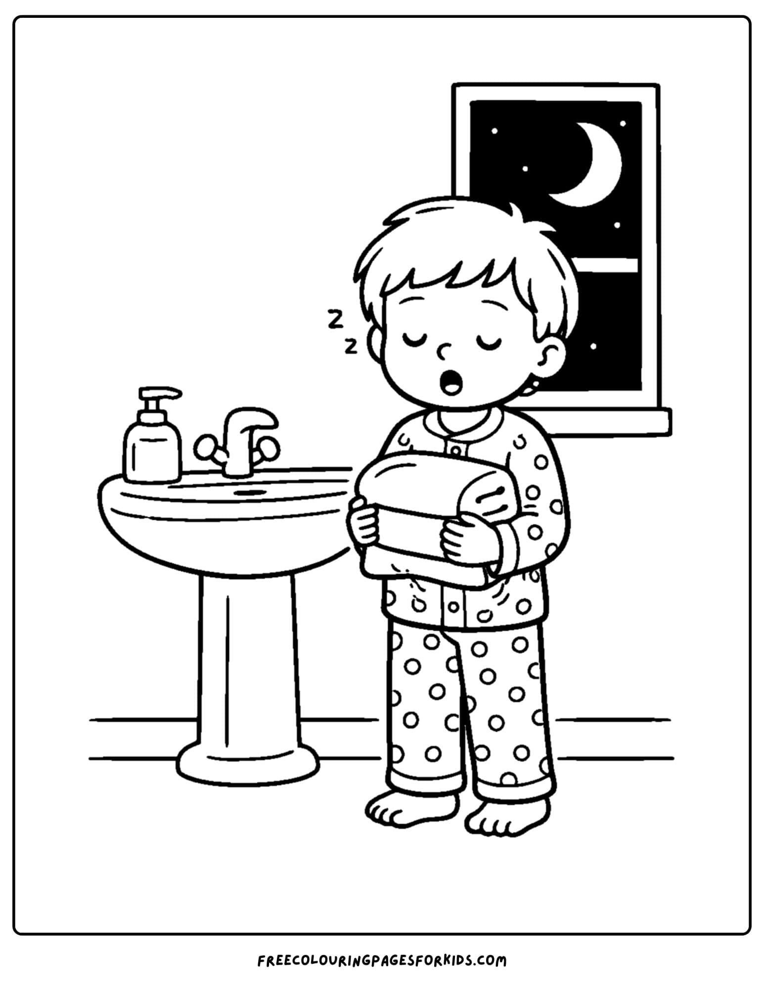 a coloring page showcasing kids skin care with a child getting ready for bed