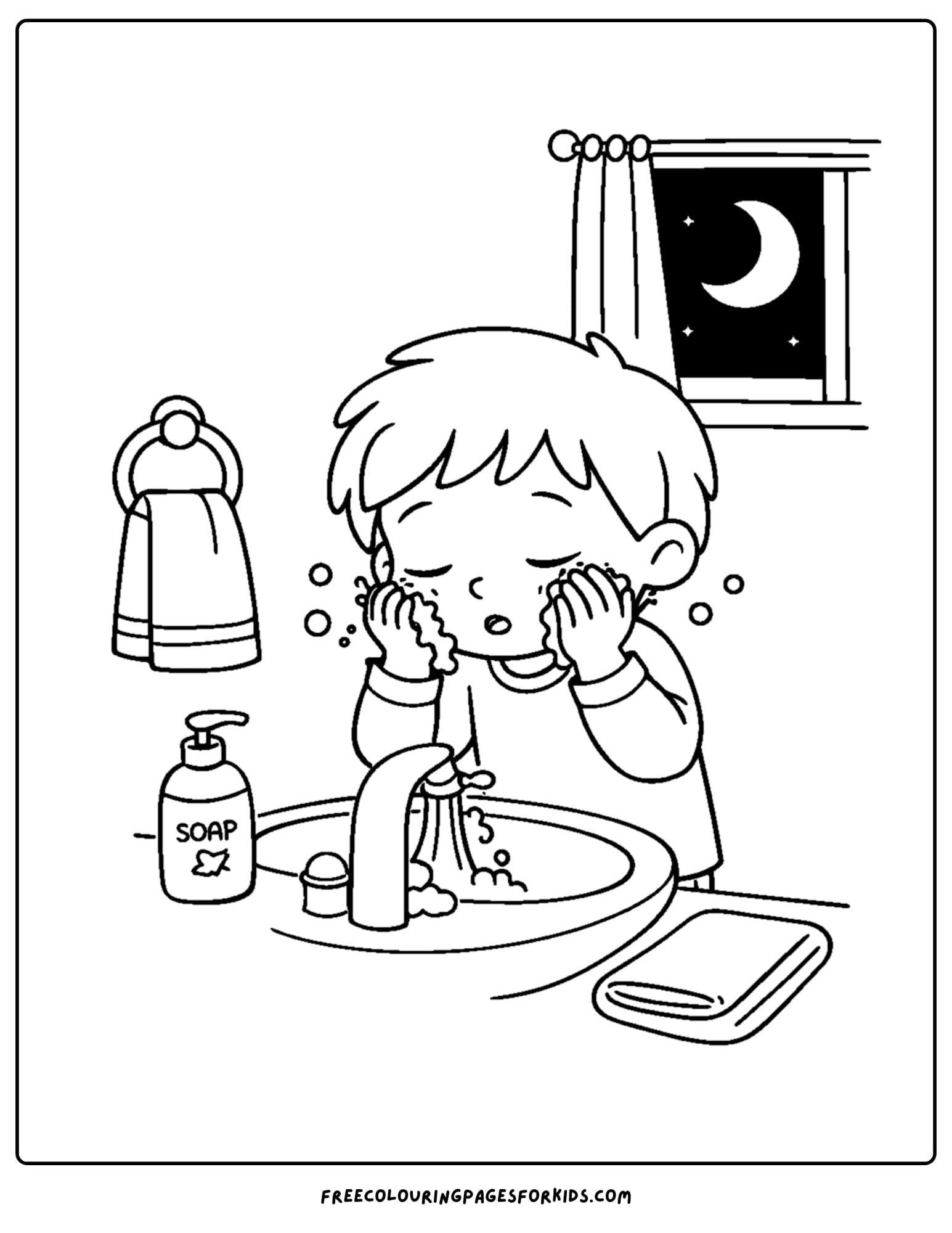 a coloring page showcasing kids skin care with a child washing their face before bed