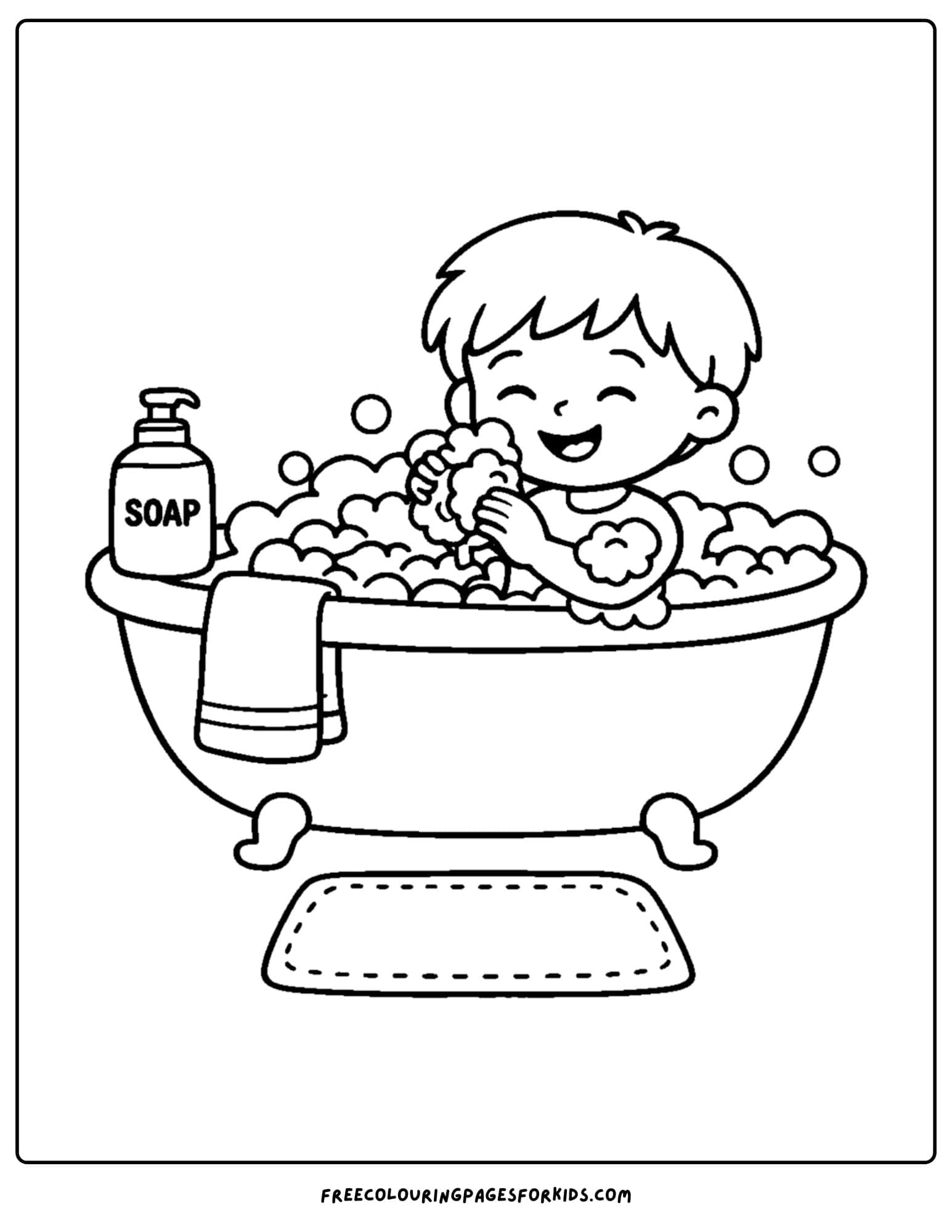 a coloring page showcasing kids skin care with a child having a fun bubbly bath