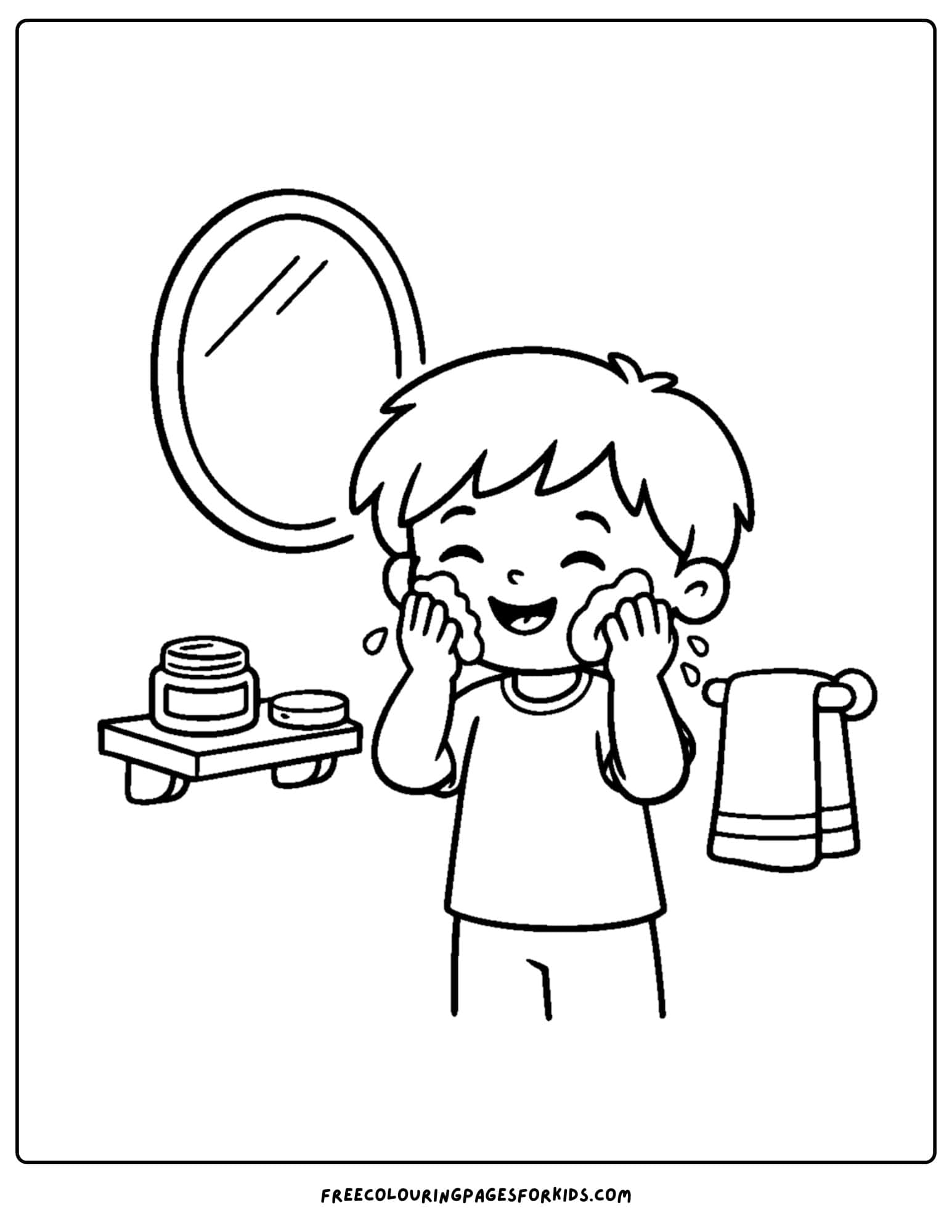 a coloring page showcasing kids skin care with a child putting cream on their face