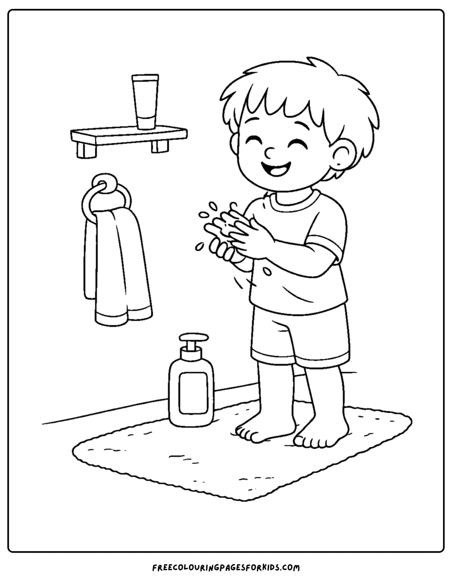 a coloring page showcasing kids skin care with a child putting lotion on their hands