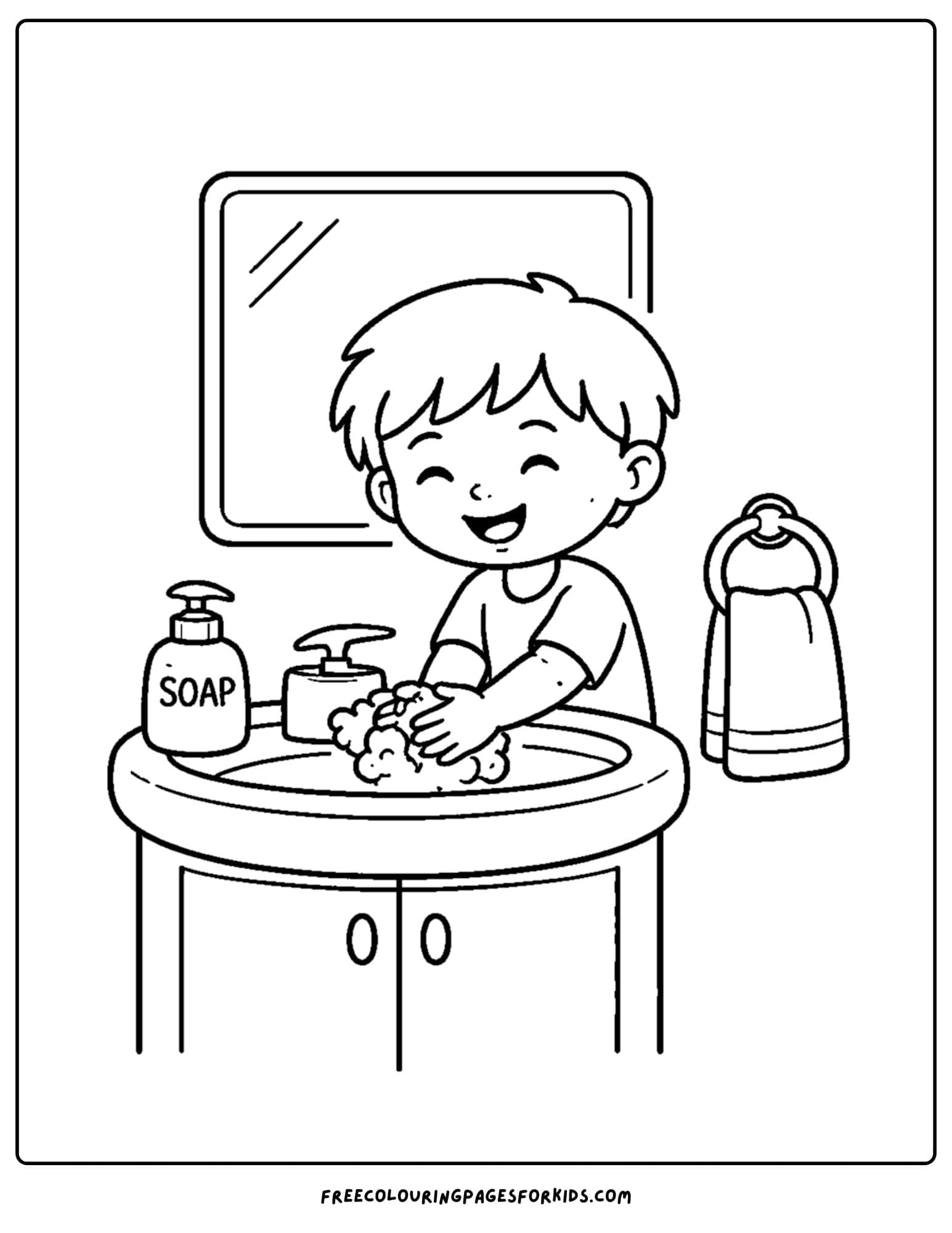 a coloring page showcasing kids skin care with a child washing their hands