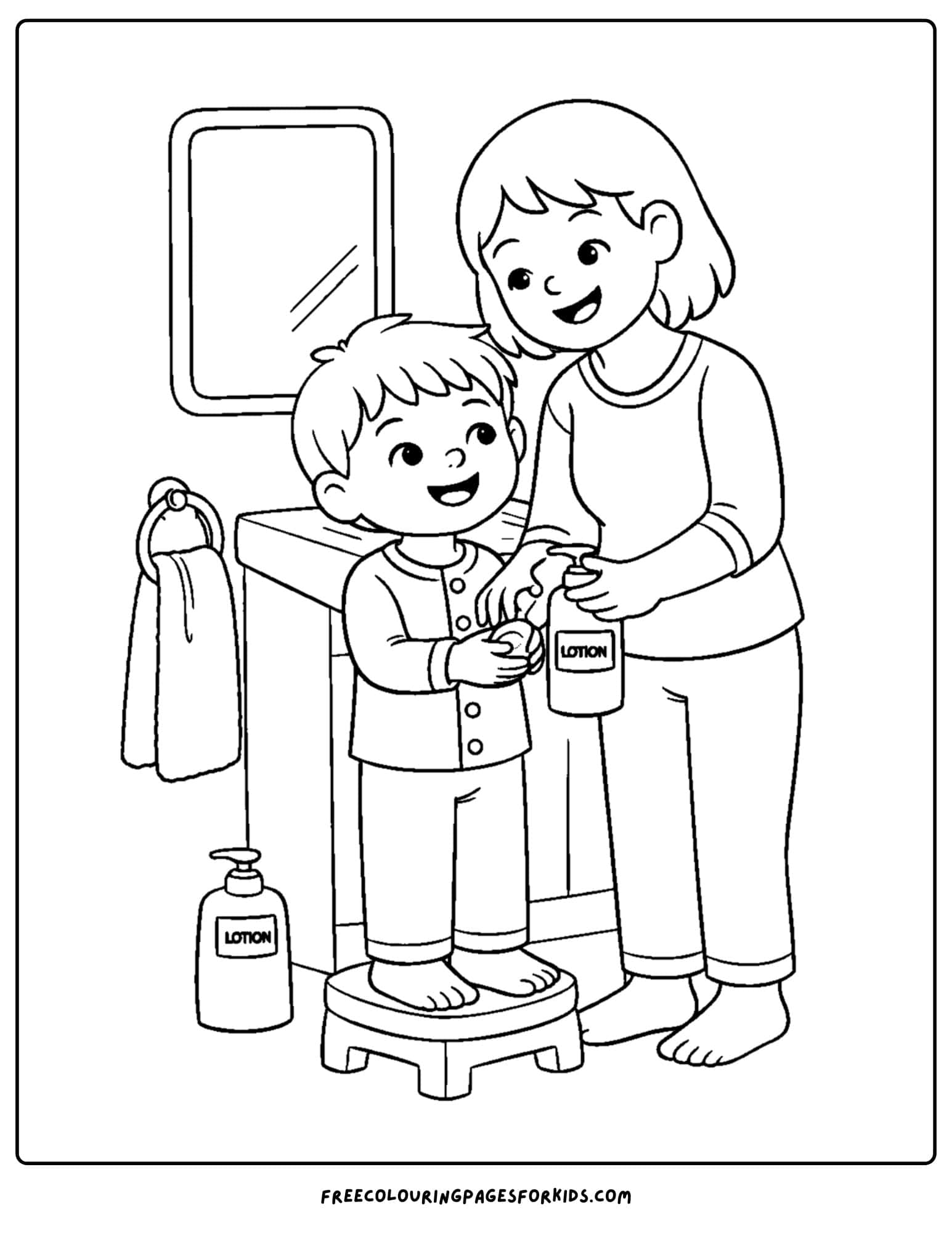 a coloring page showcasing kids skin care with a child an their parent putting lotion on