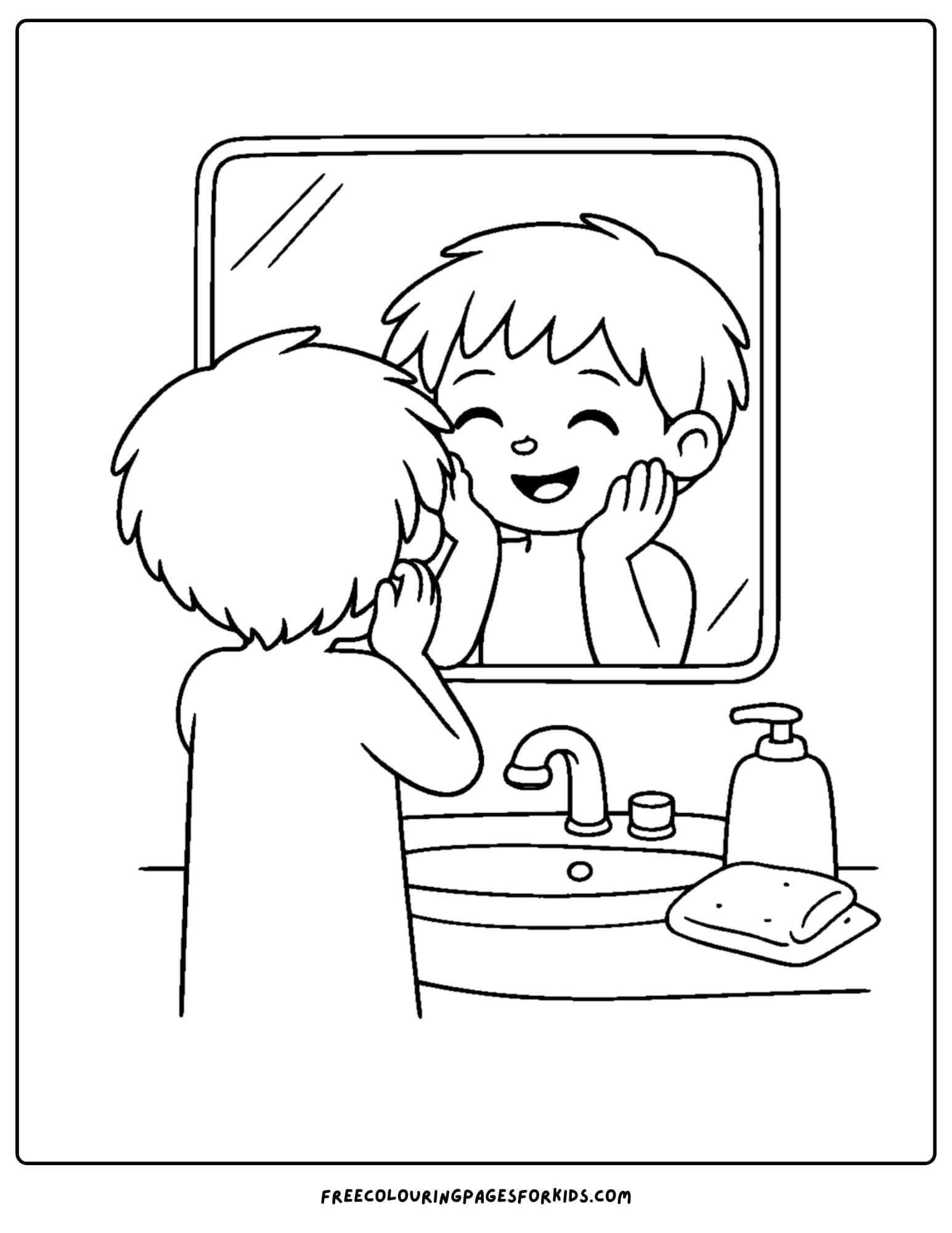 a coloring page showcasing kids skin care with a child looking in the bathroom mirror