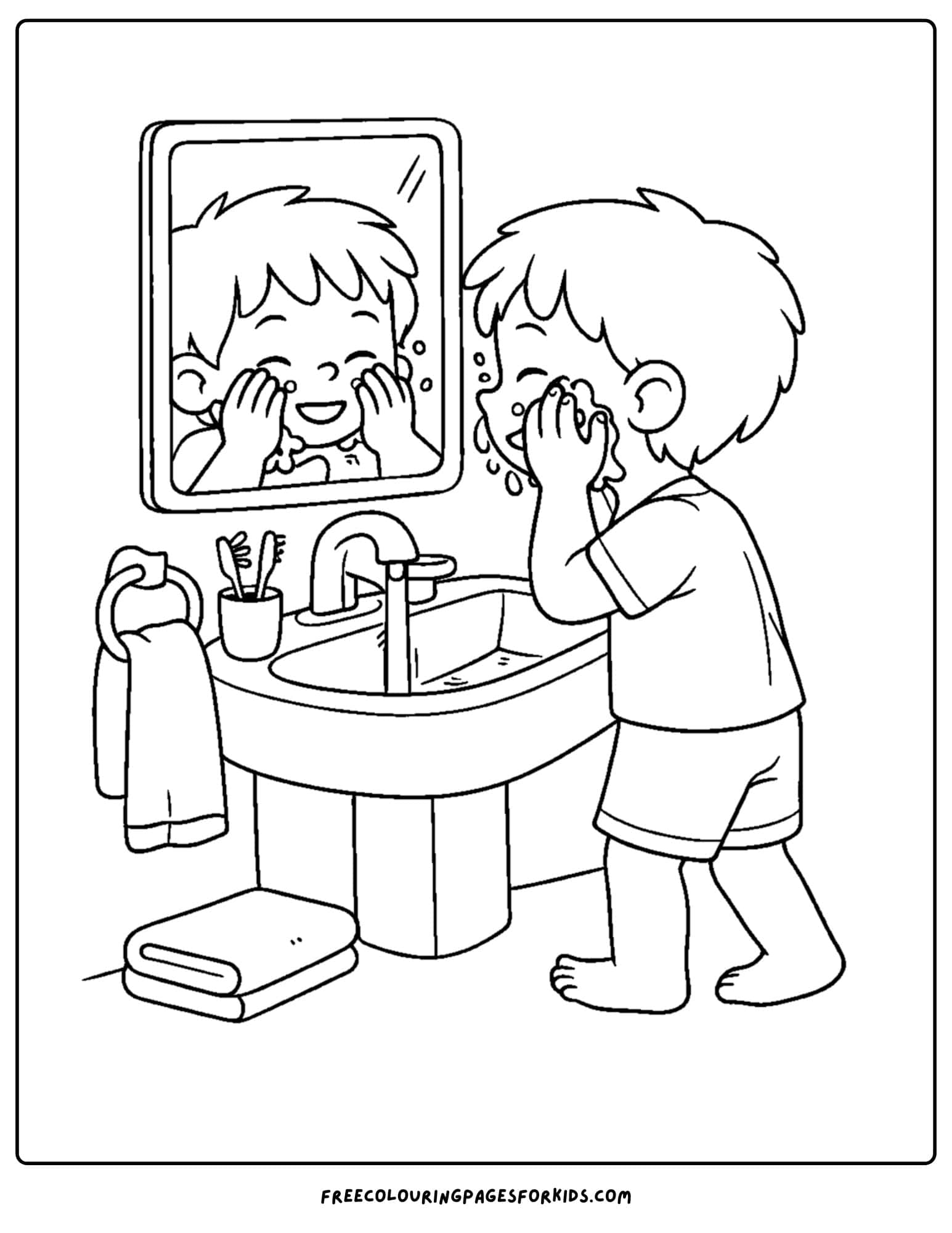 a coloring page showcasing kids skin care with a child washing their face after getting up in the morning