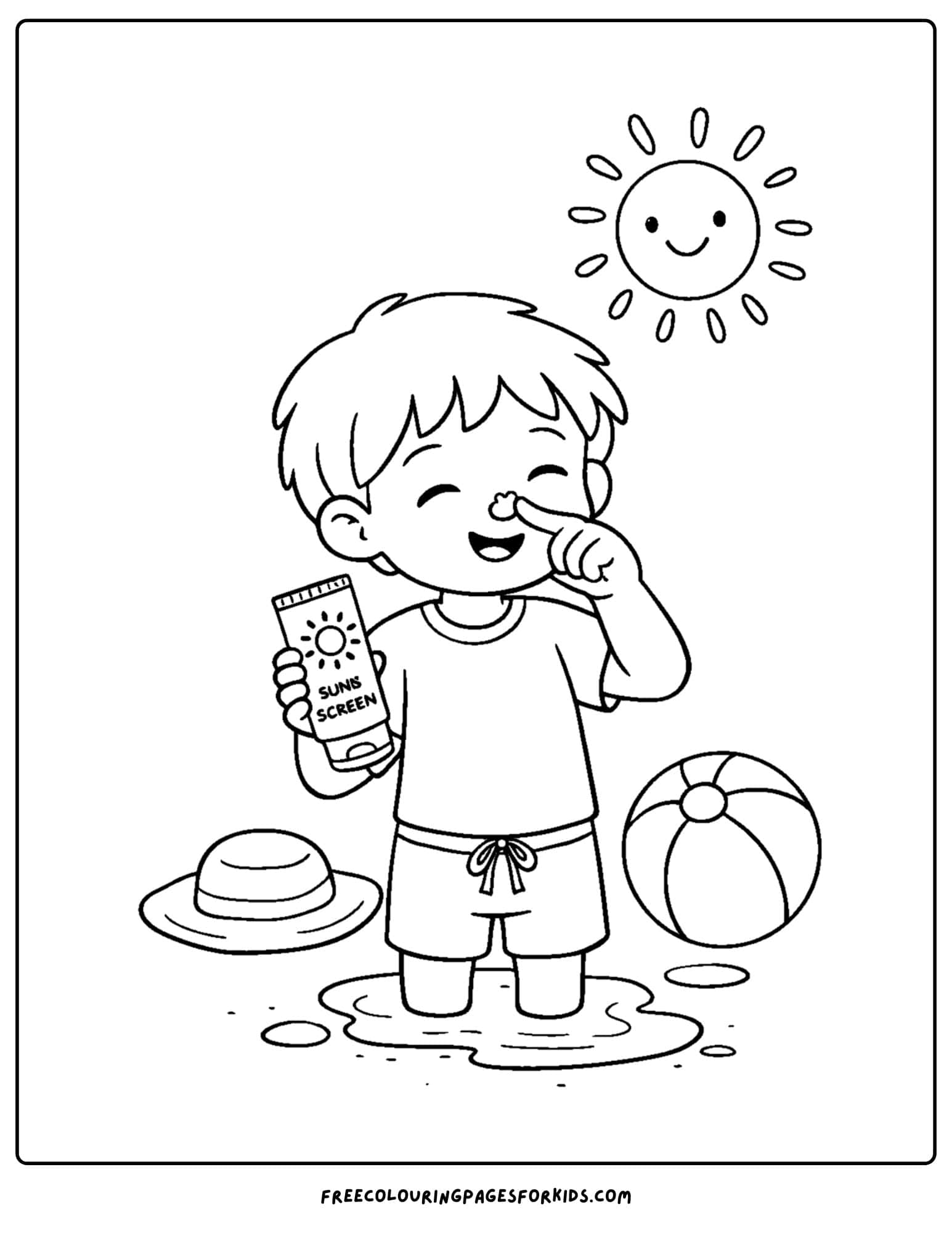 a coloring page showcasing kids skin care with a child applying sunscreen to their nose