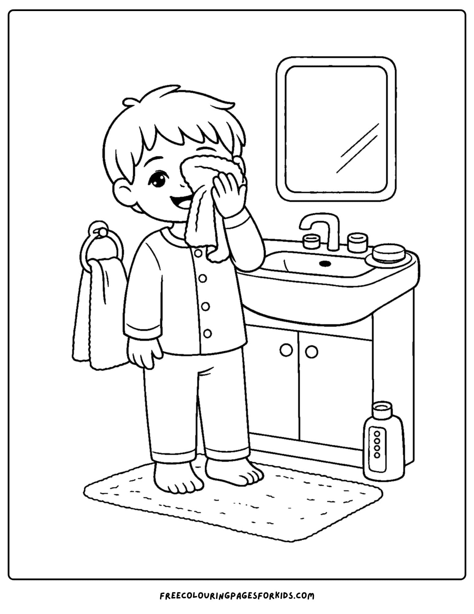 a coloring page showcasing kids skin care with a child washing their face