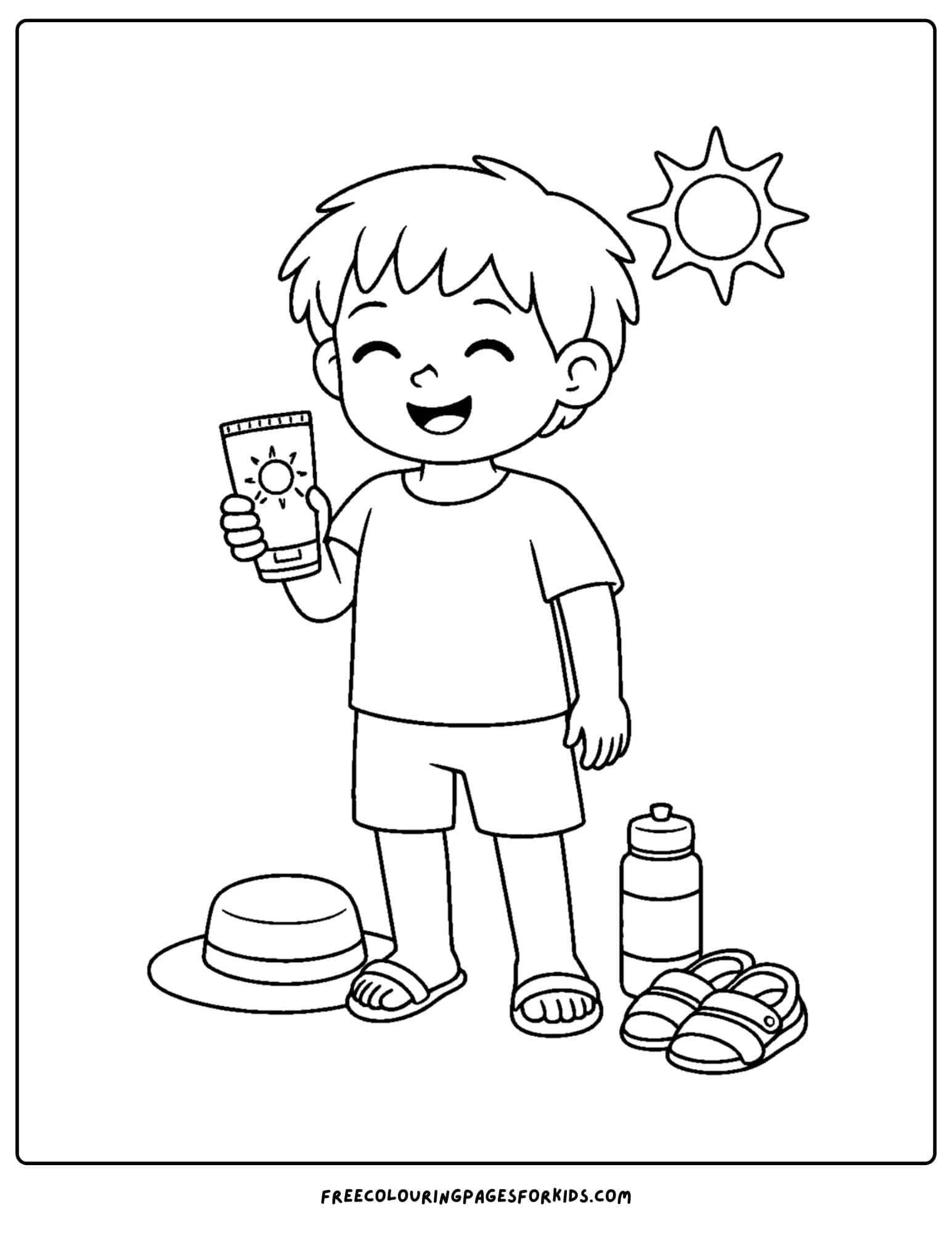 a coloring page showcasing kids skin care with a child outside ready to apply sunscreen and stay sun smart