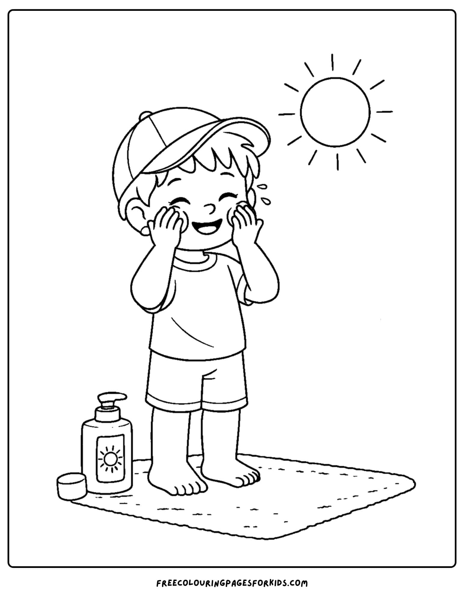 a coloring page showcasing kids skin care with a child on a towel putting on sunscreen