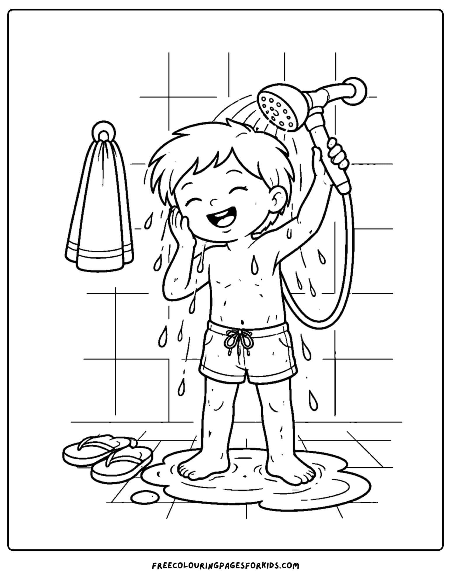a coloring page showcasing kids skin care with a child washing off in the shower after a swim
