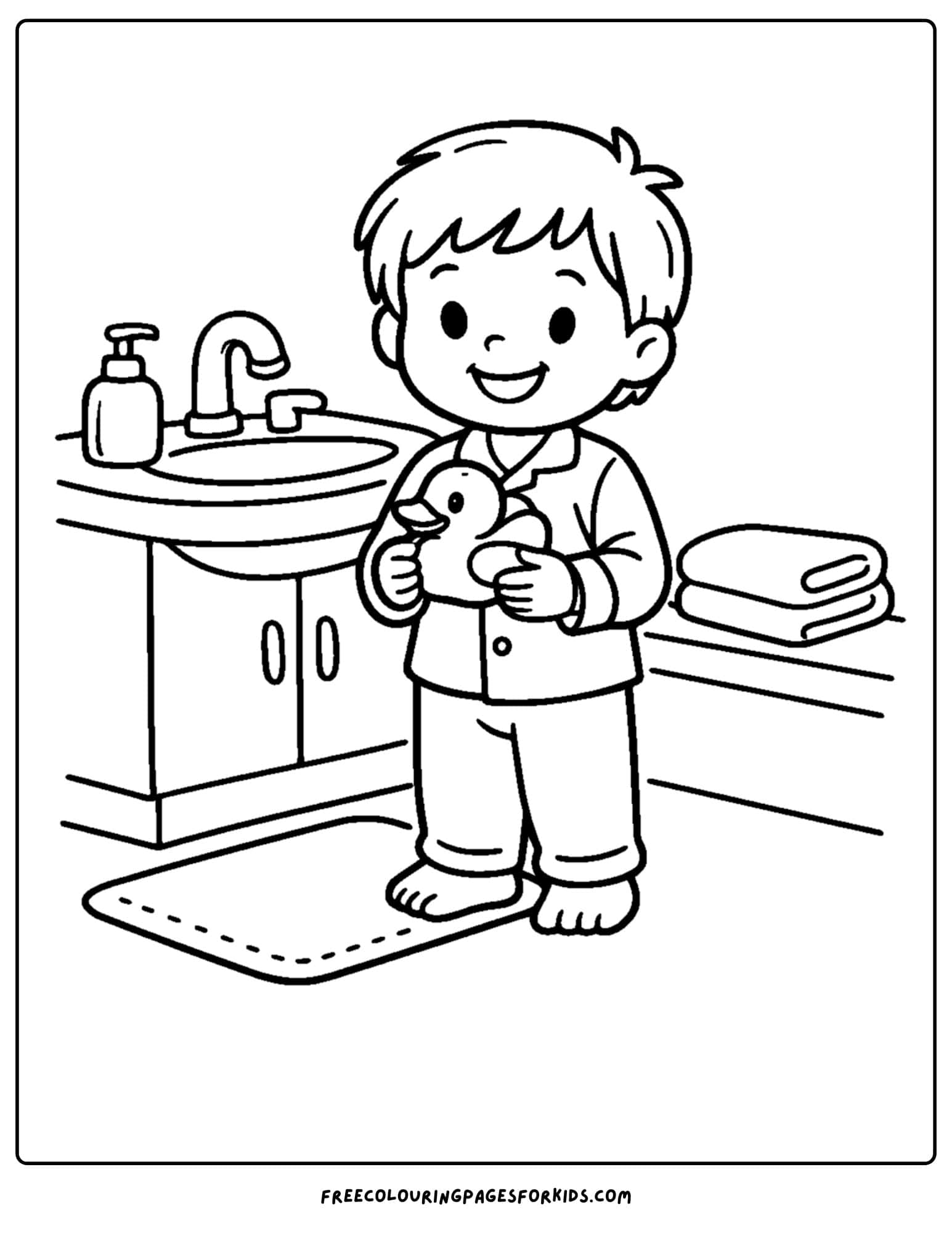 a coloring page showcasing kids skin care with a child in the bathroom with their rubber duck