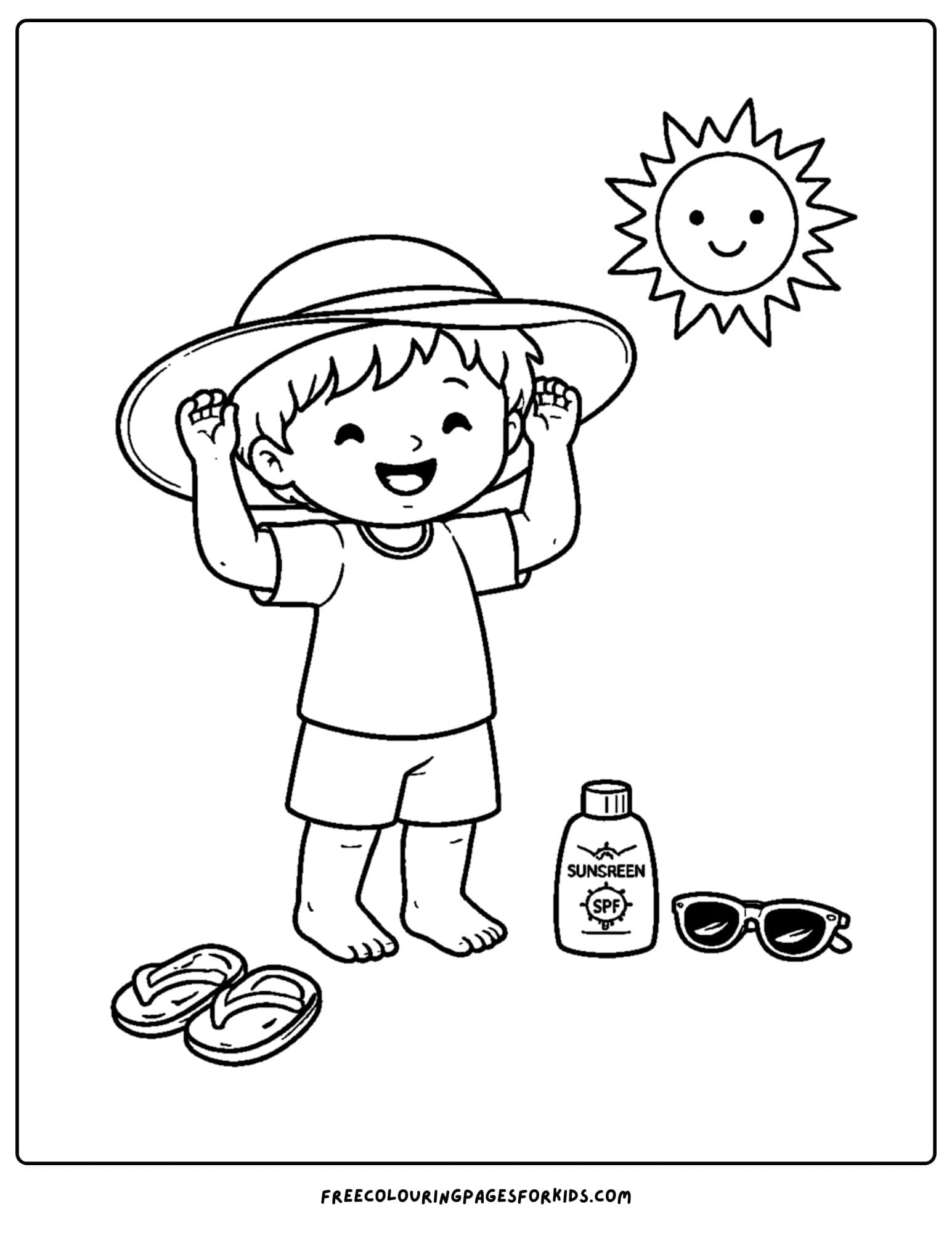 a coloring page showcasing kids skin care with a child wearing a hat and with sun care lotion