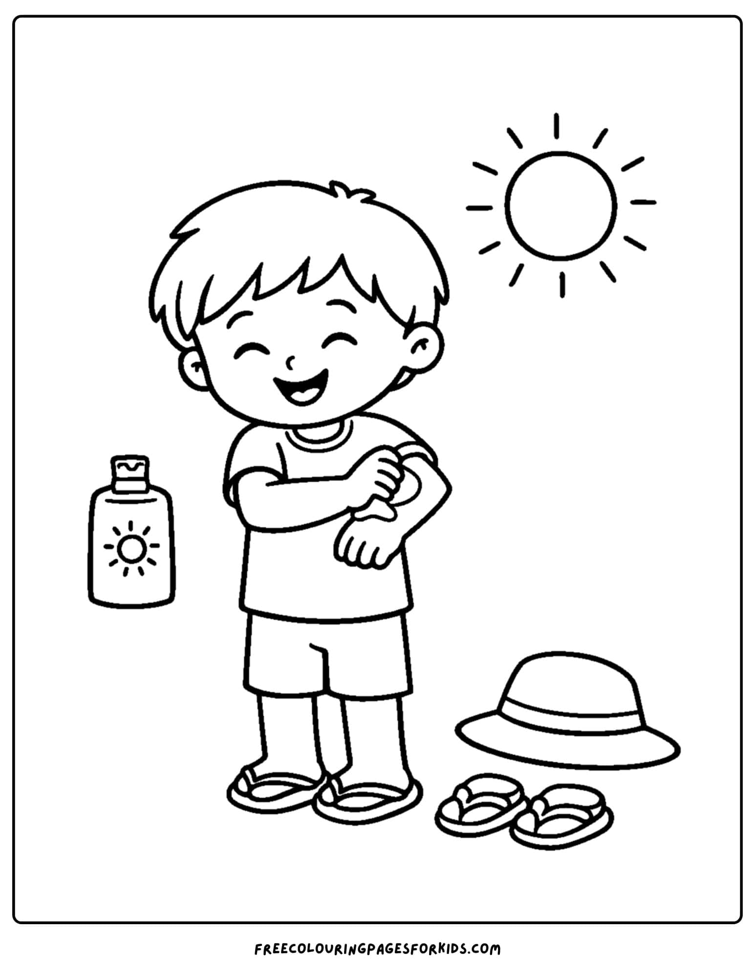 a coloring page showcasing kids skin care with a child applying sunscreen
