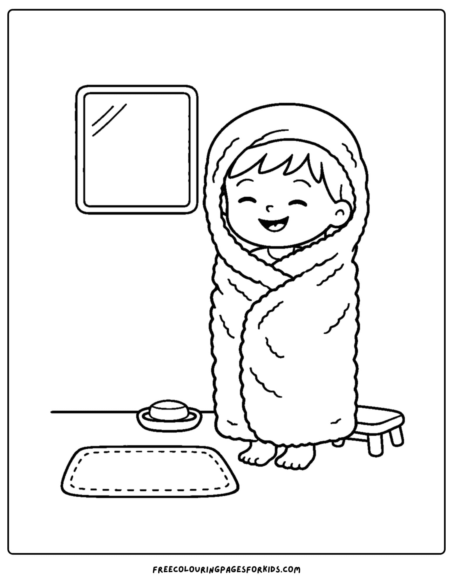a coloring page showcasing kids skin care with a child wrapped up in a towel getting dry