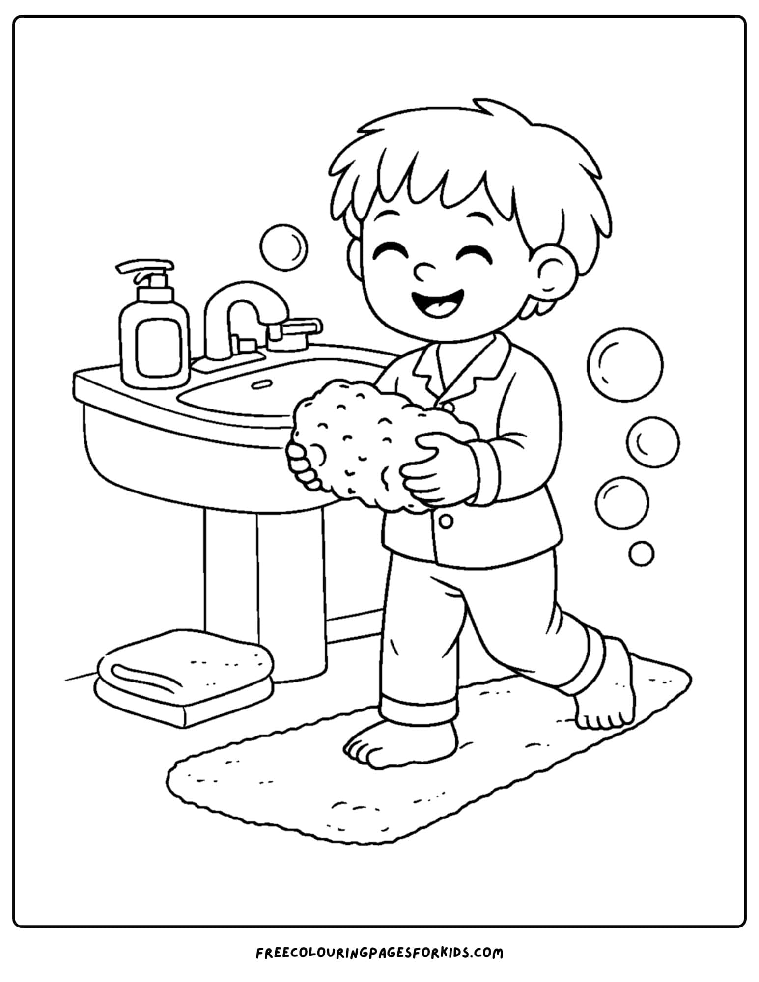 a coloring page showcasing kids skin care with a child holding a big sponge in the bathroom