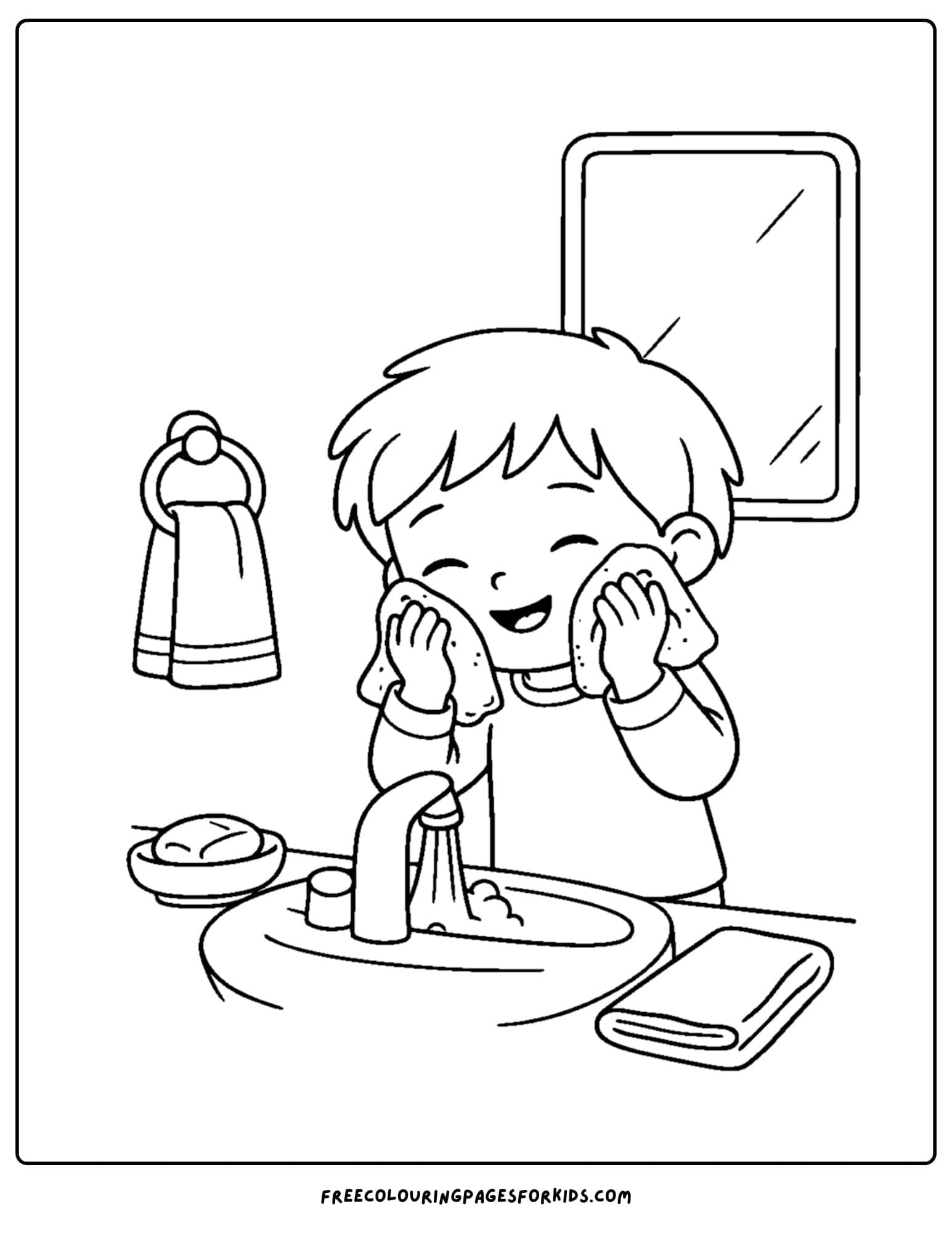 a coloring page showcasing kids skin care with a chold washing their face in the bathroom